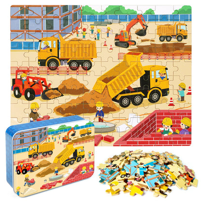 LELEMON 100 Pieces Jigsaw Puzzles in a Metal Box for Kids Age for 4-8 Boys Girls Toy Puzzles Construction Site Vehicles Children Learning Educational