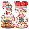 168pcs Firetruck Paper Plates Napkins Fire Truck Party Supplies Serve 24