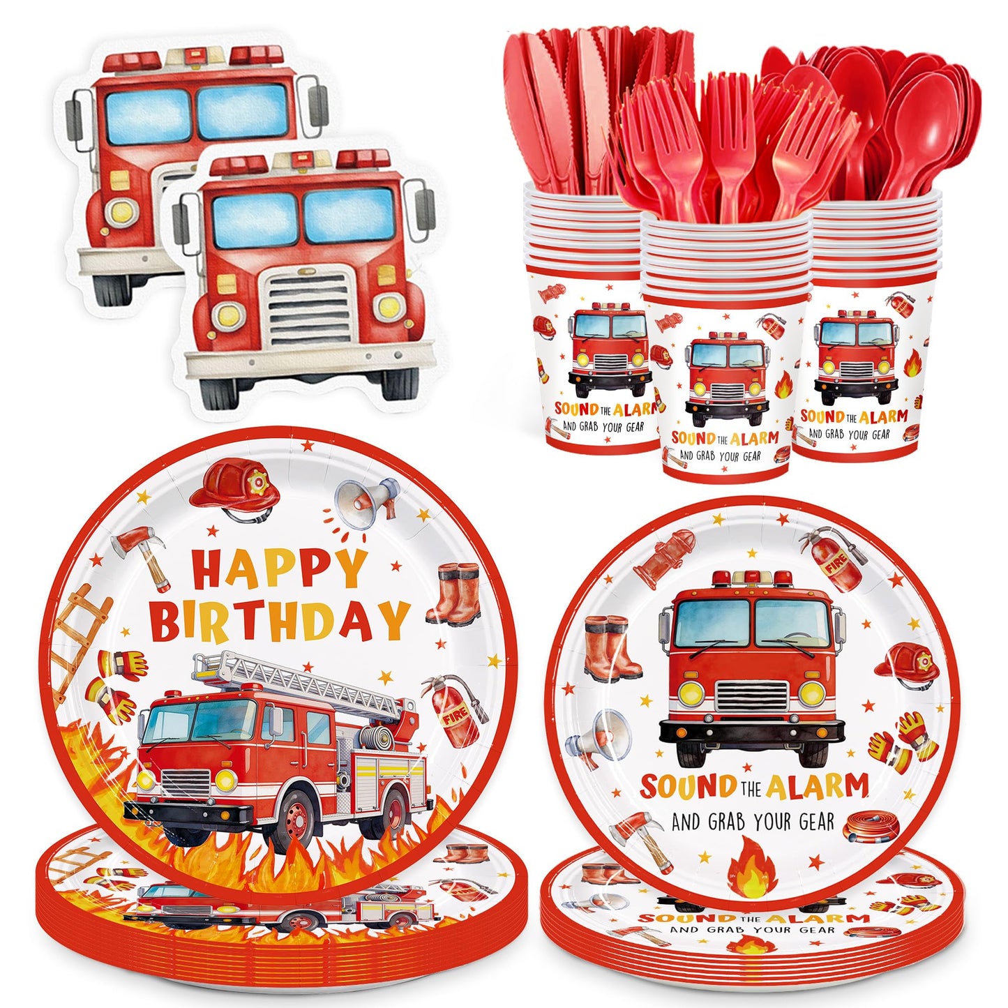 168pcs Firetruck Paper Plates Napkins Fire Truck Party Supplies Serve 24