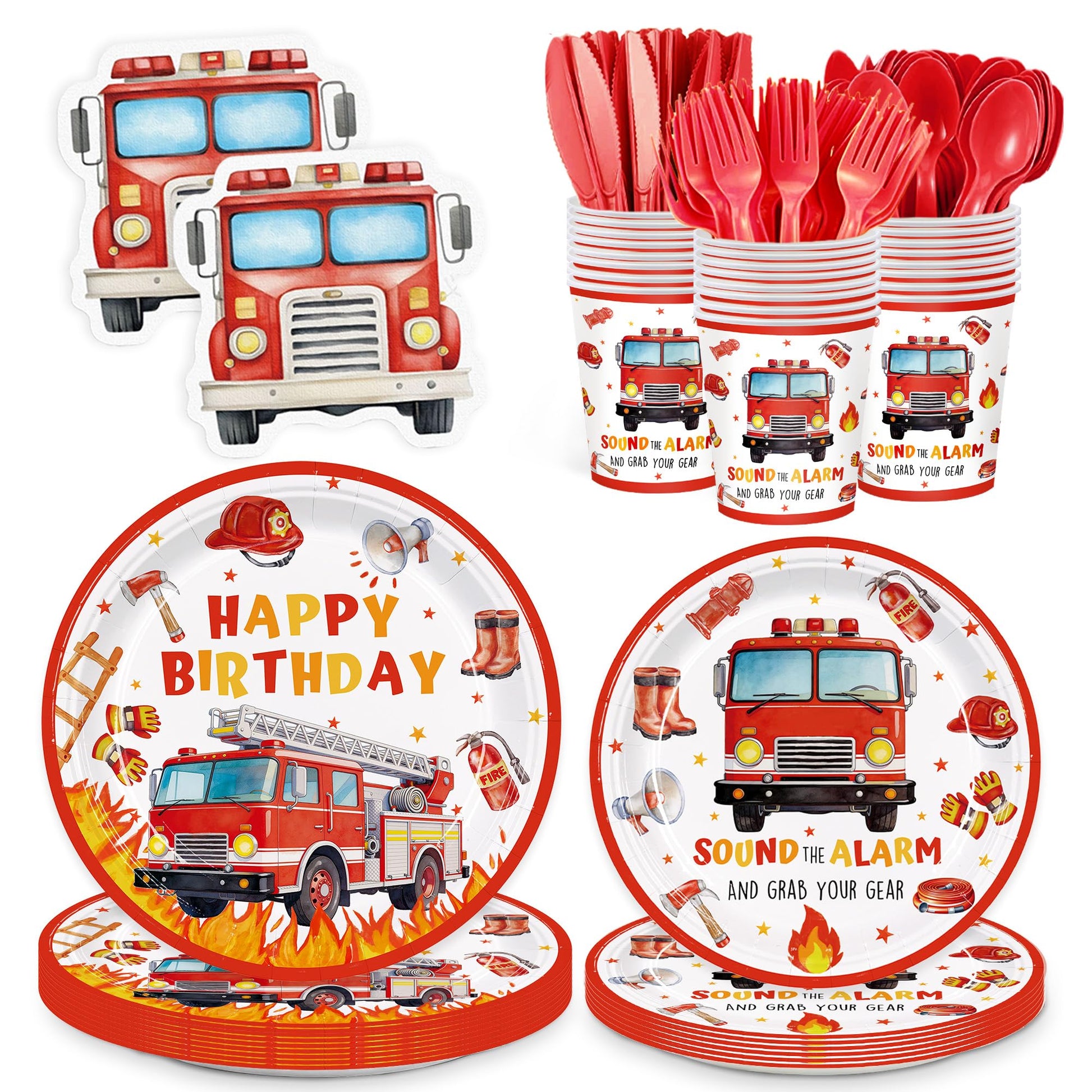 168pcs Firetruck Paper Plates Napkins Fire Truck Party Supplies Serve 24