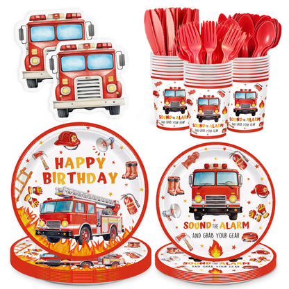 168pcs Firetruck Paper Plates Napkins Fire Truck Party Supplies Serve 24