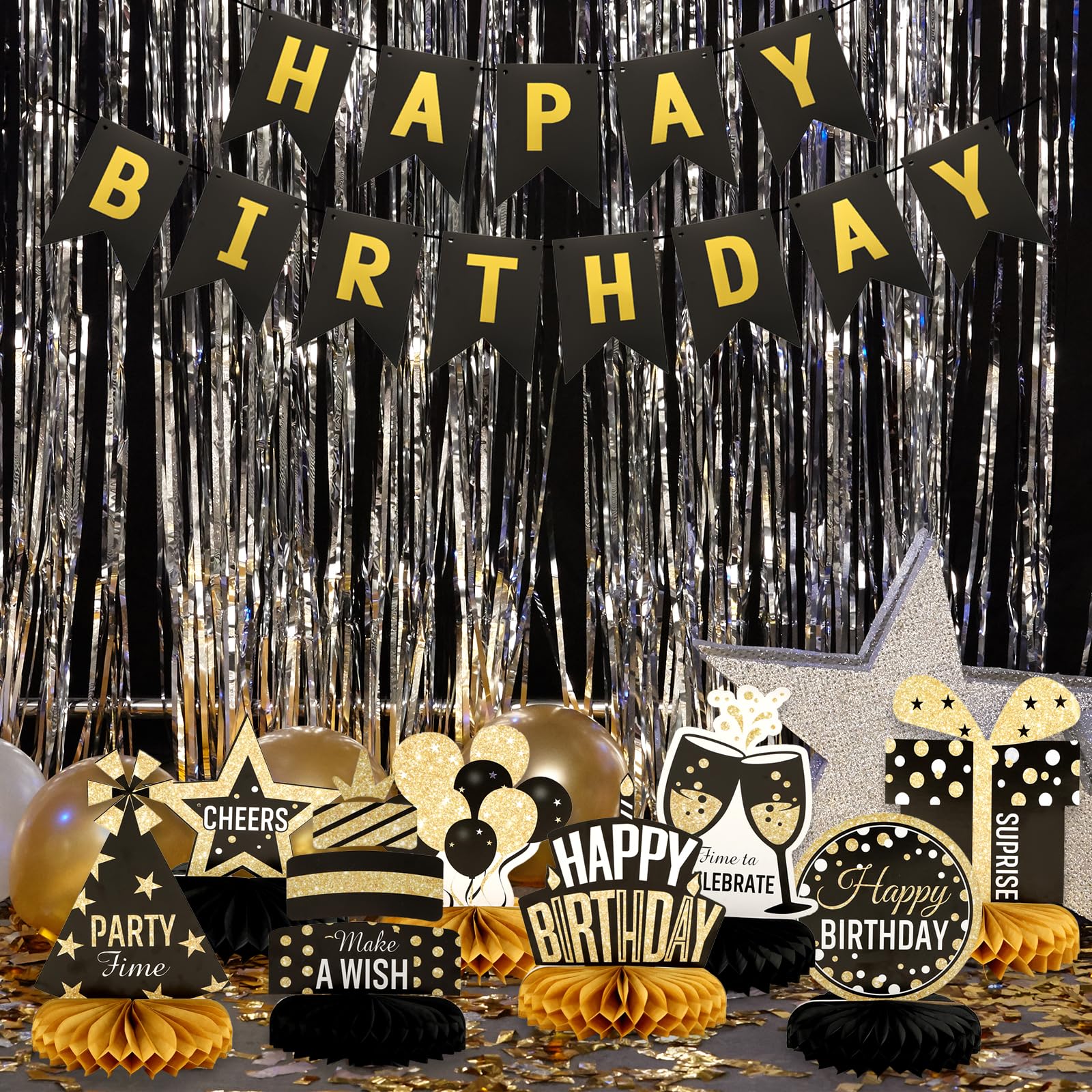9 Pcs Happy Birthday Party Table Decorations, Black and Gold Party Decorations With Happy Birthday Banner for Girls Boys Women Men