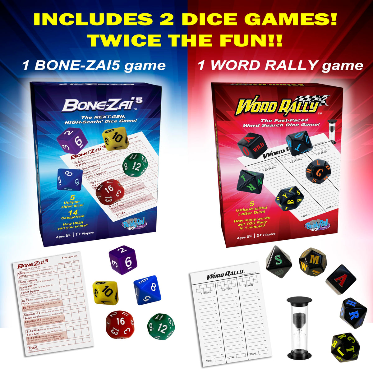 BuddyPal Games Combo Pack Bone-ZAI5 and Word Rally Family Dice Games, Ages 8 and Up