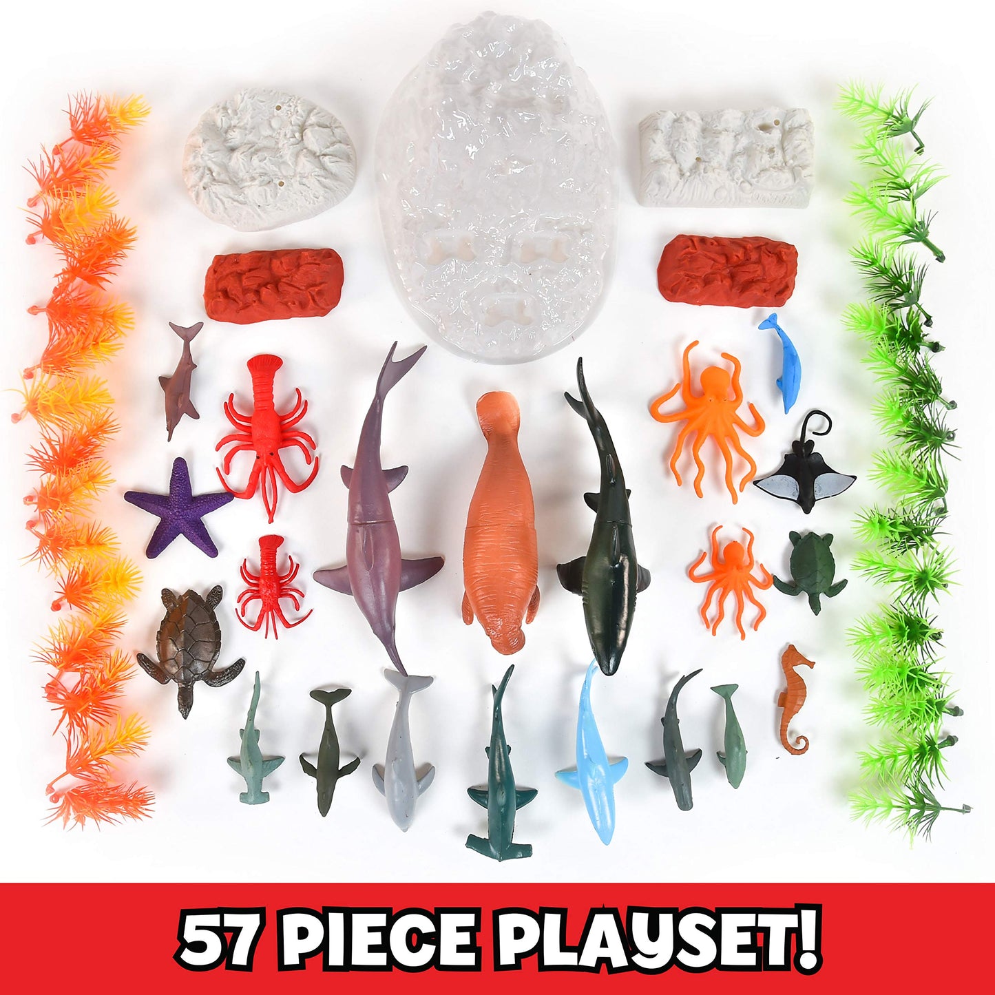Sunny Days Entertainment Sea Creature Bucket - 56 Piece Toy Play Set for Kids | Aquatic Animals Plastic Figures Playset with Storage Bucket