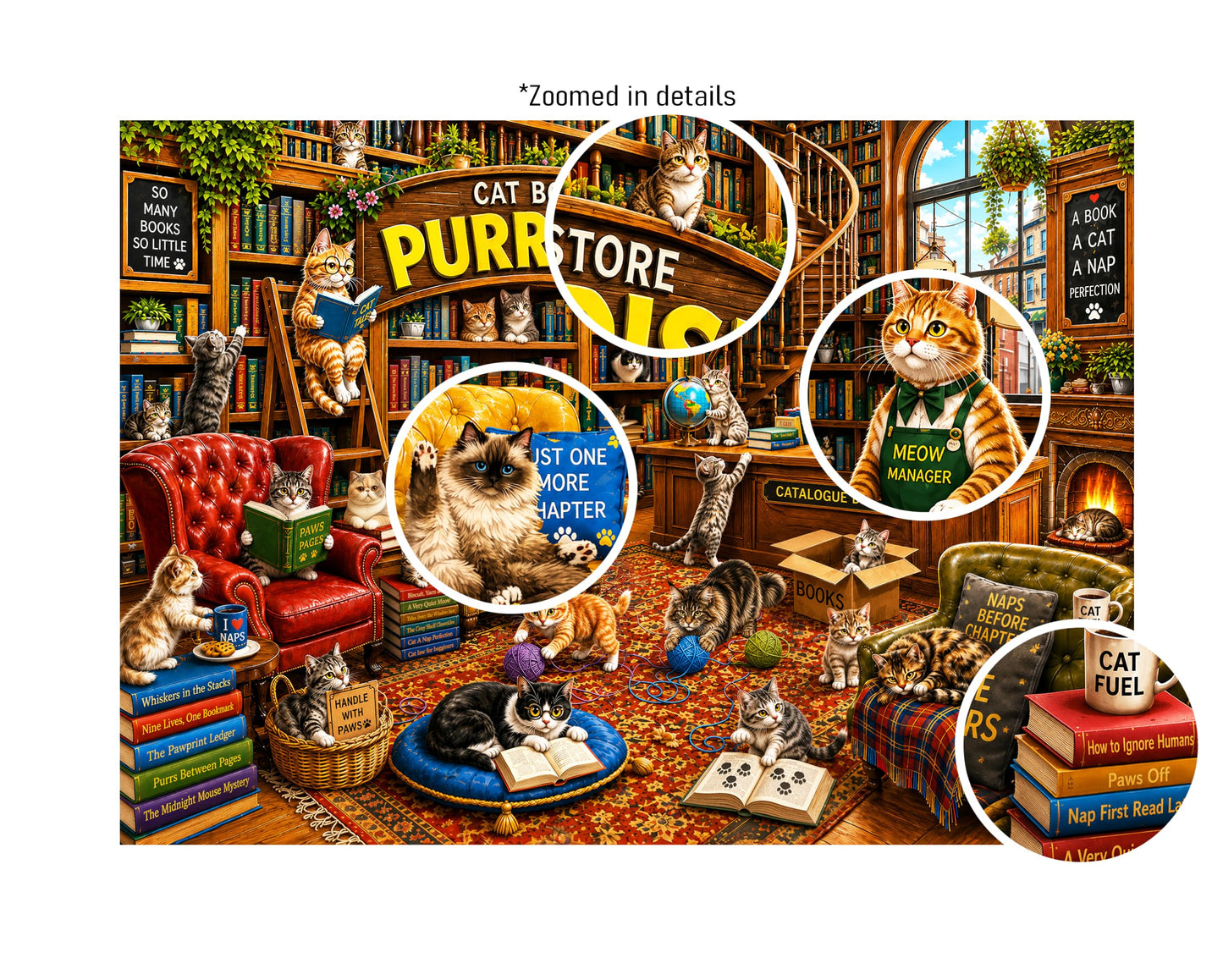 Cat Puzzle for Adults 1000 Pieces - Cozy Bookstore Library Cats Jigsaw