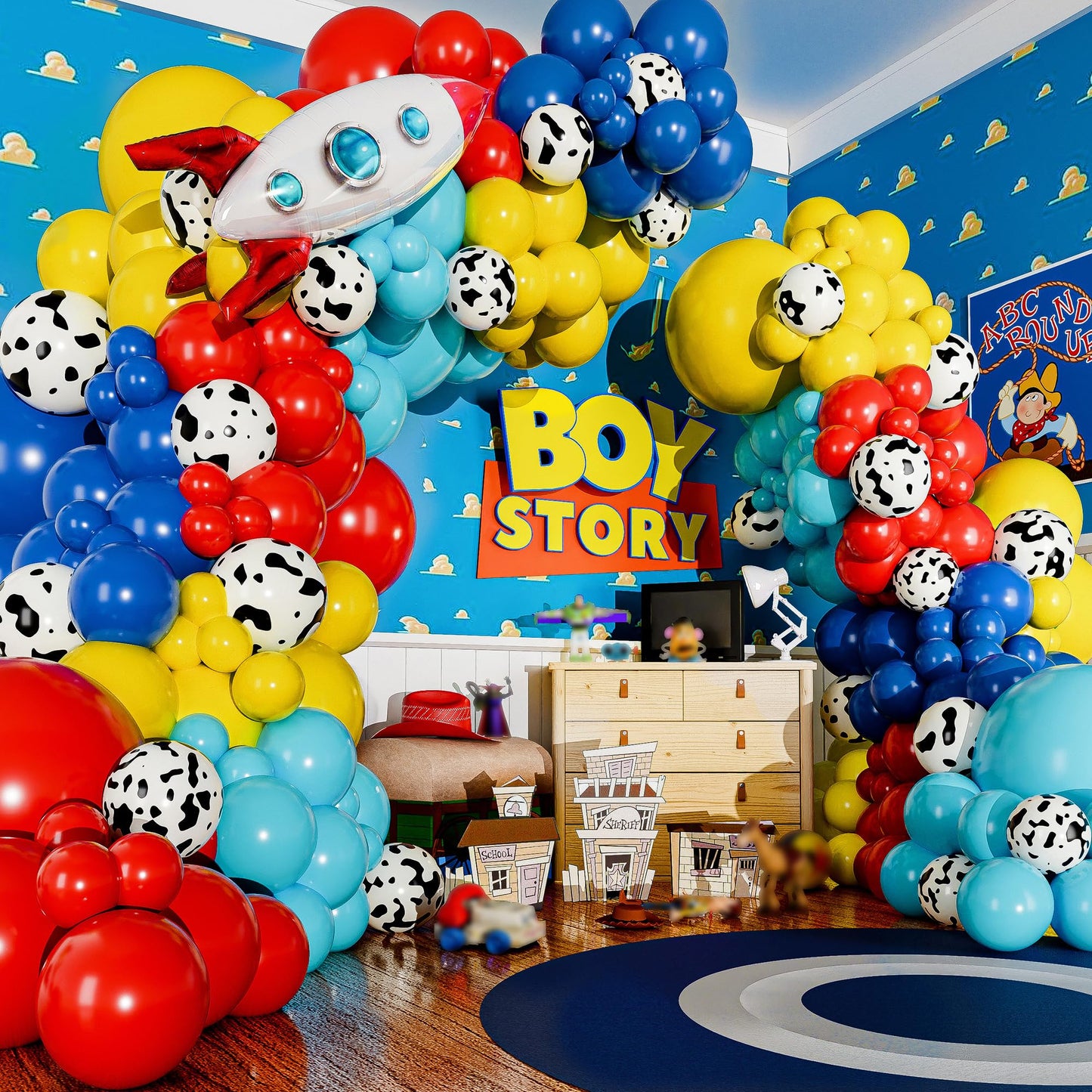 ALL-IN-1 Toy theme Inspired Balloons Garland Kit & Arch with BONUS Rocketship for Birthday Party and Baby Shower Decorations - Red Blue and Yellow