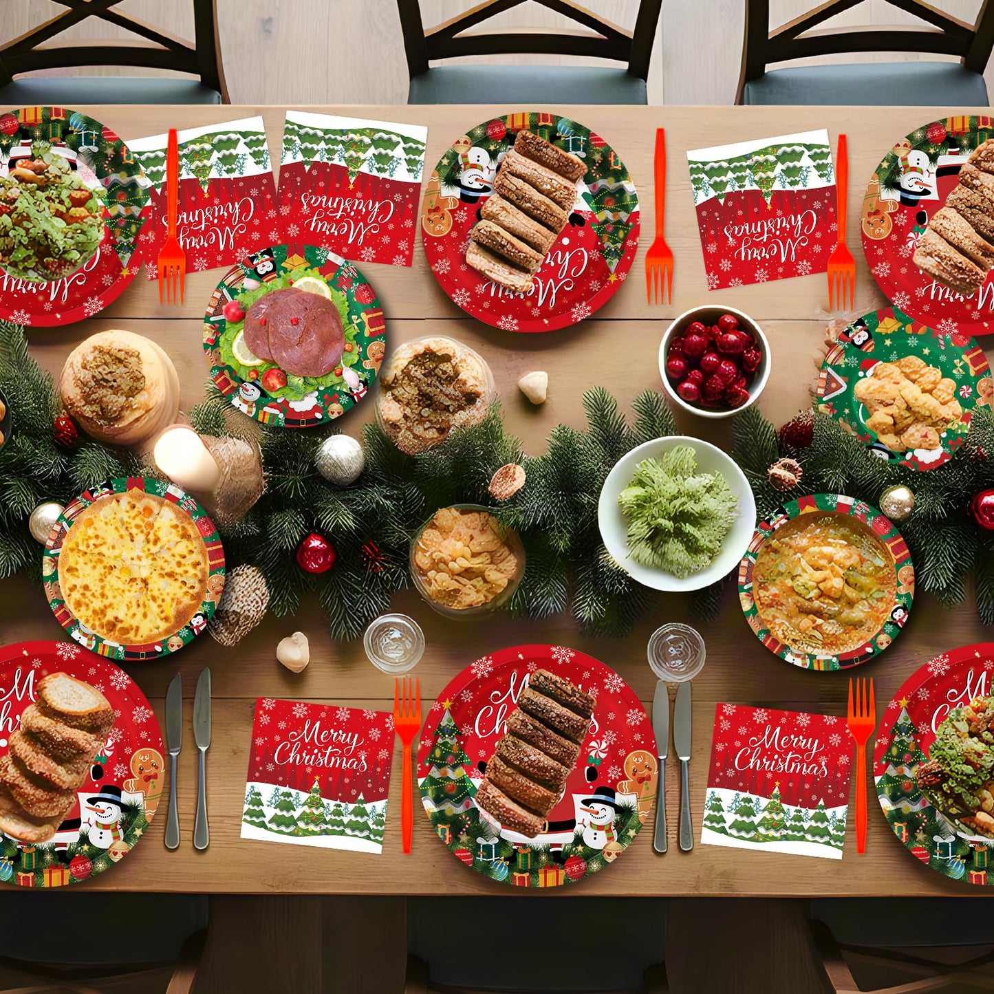 100 Pcs Merry Christmas Plates and Napkins Sets - Cute Winter Christmas Round Tableware, Disposable Chrismas Paper Plates and Napkins Forks for Xmas