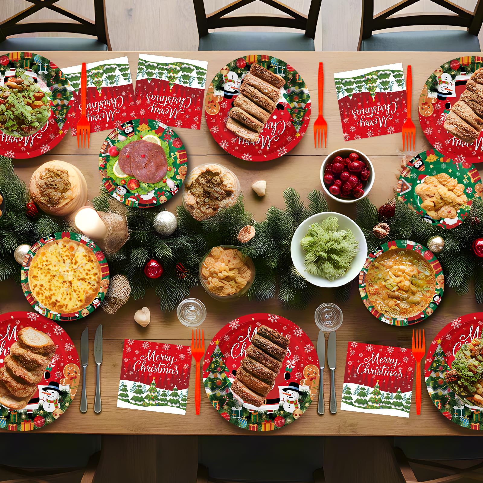 100 Pcs Merry Christmas Plates and Napkins Sets - Cute Winter Christmas Round Tableware, Disposable Chrismas Paper Plates and Napkins Forks for Xmas
