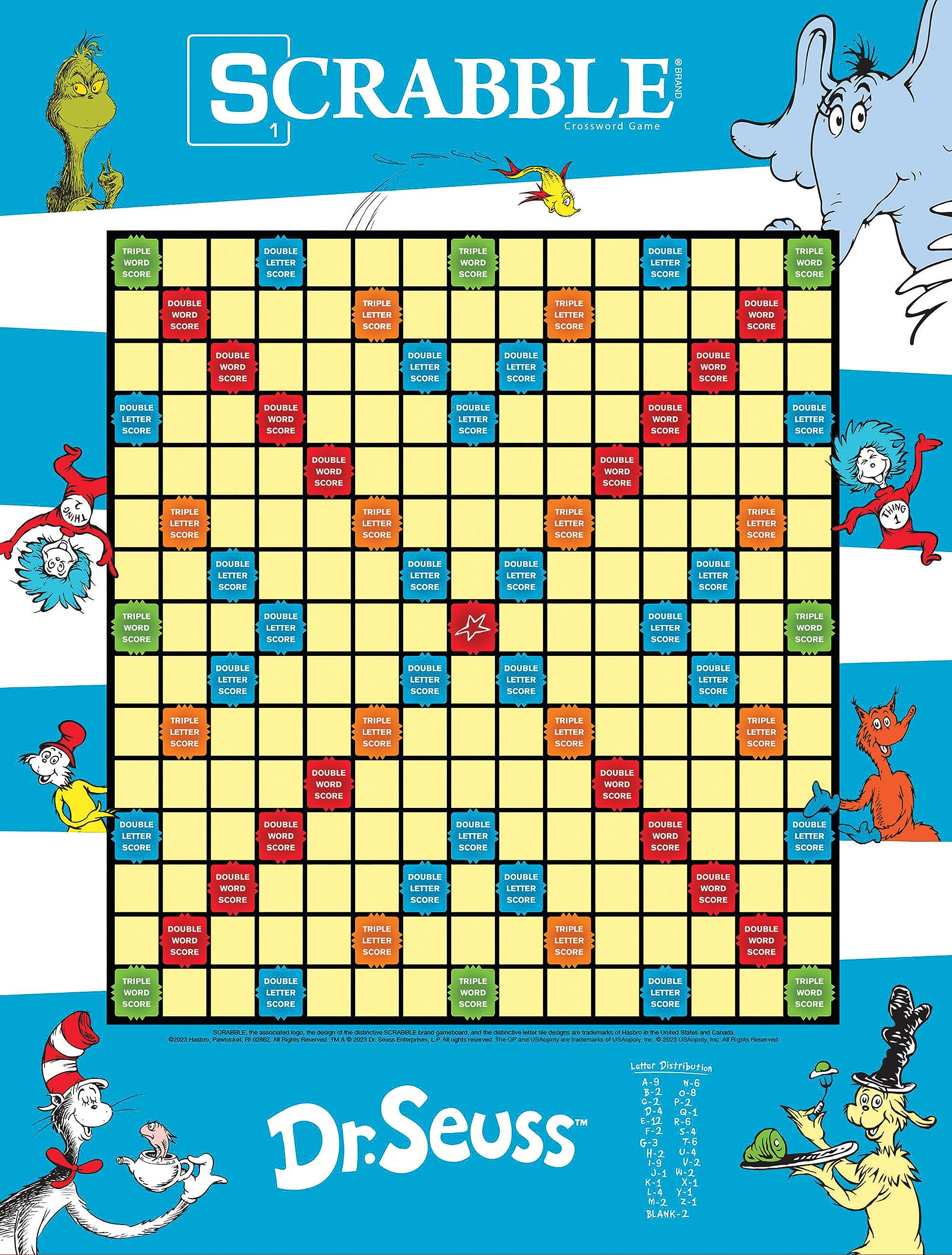 Scrabble Dr. Seuss Board Game | Official Scrabble Game with a Rhyming Twist | Custom Dr. Seuss Cards and Themed Scrabble Board | Bonus Points | Play
