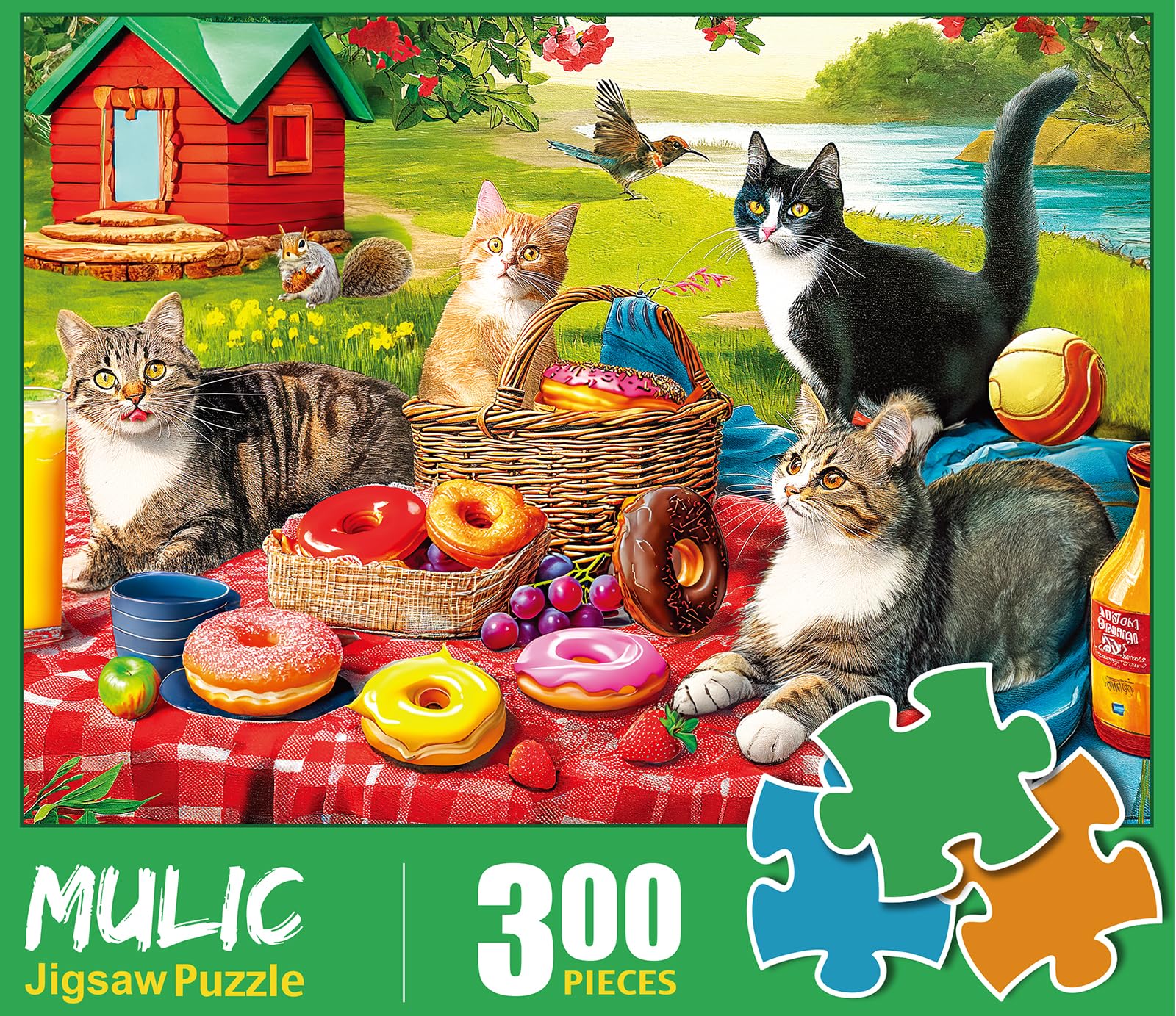 300 Piece Puzzles for Adults - Jigsaw Puzzles for Kids Seniors - Picnic Kittens and Donut