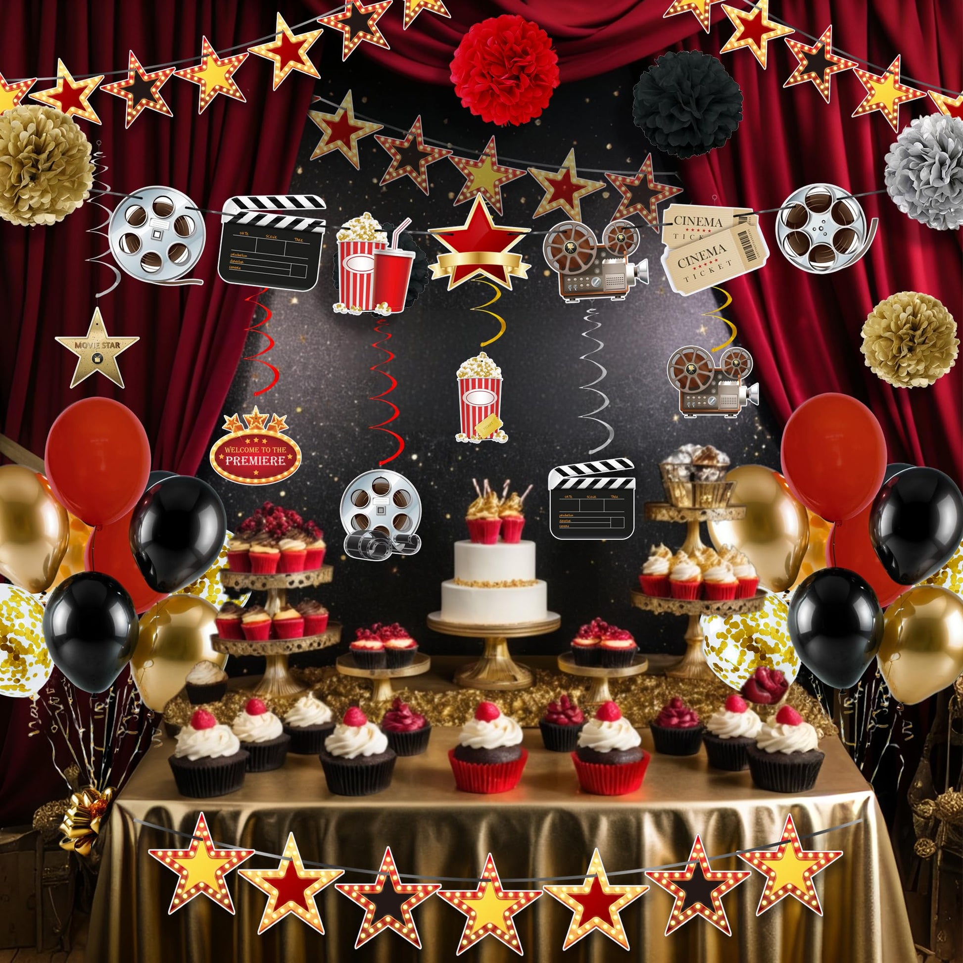 47 PCS Movie Party Decorations Kit Now Showing Banner Hanging Swirls Balloons for Movie Themed Wedding Bridal Baby Shower Birthday Parties