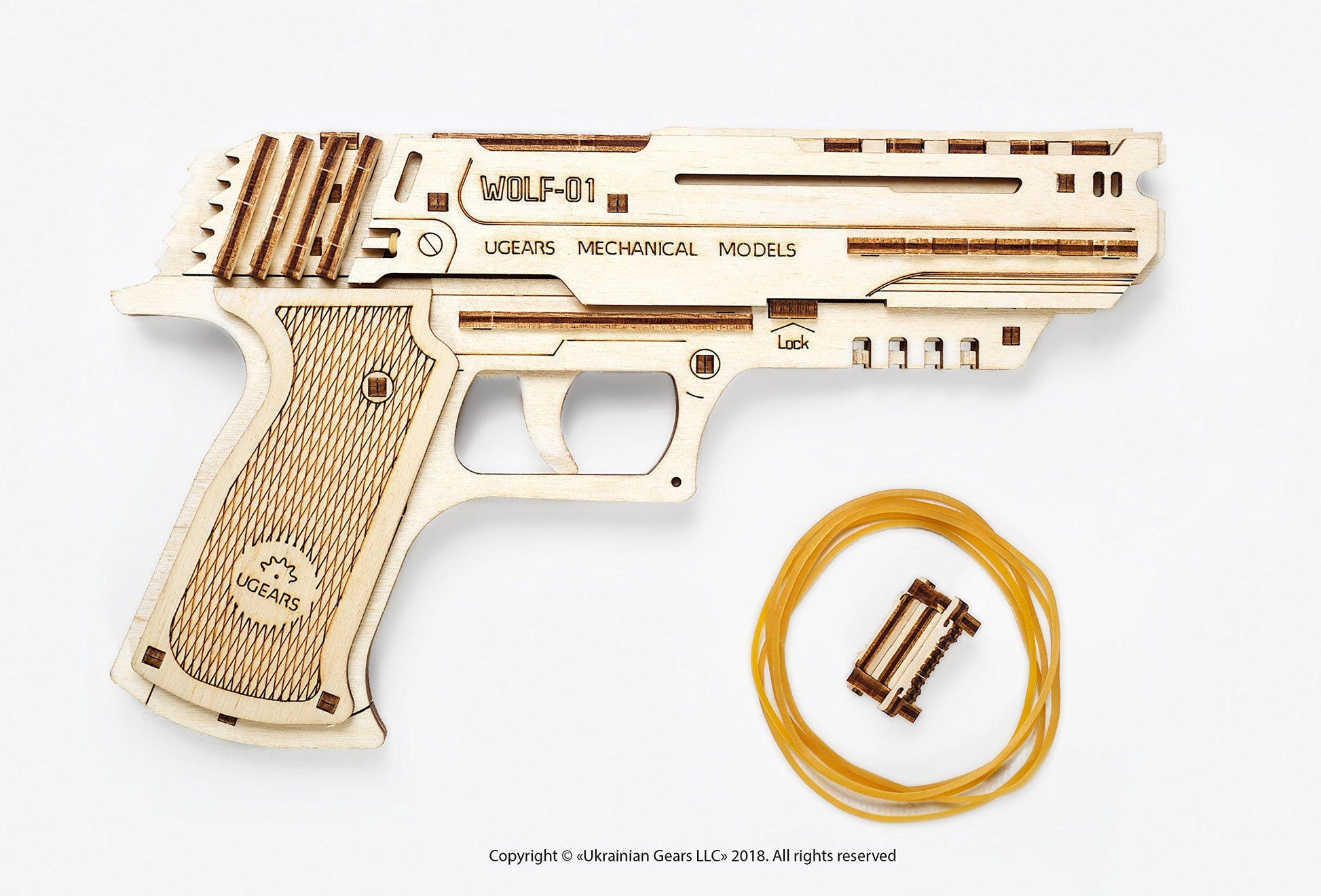 UGEARS Wolf-01 Handgun 3D Wooden Puzzles for Adults - Wooden Model Kits for Adults Rubber Space Band Handguns Mechanical Handgun Models Wood Puzzle