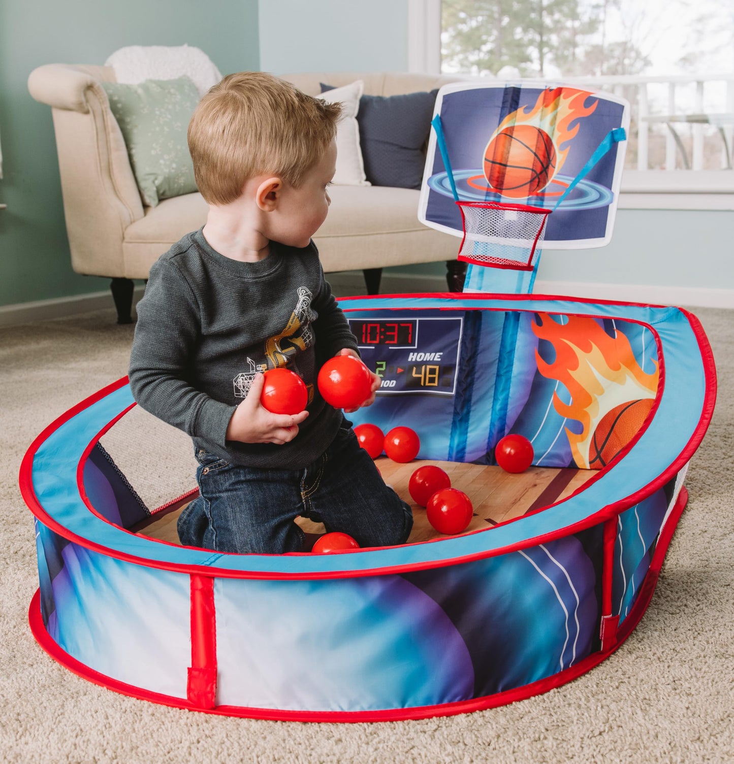 Large Basketball Sport Pop Up Ball Tent with Basketball Hoop and 20 Soft Balls for Toddler Kids, Folds for Easy Storage