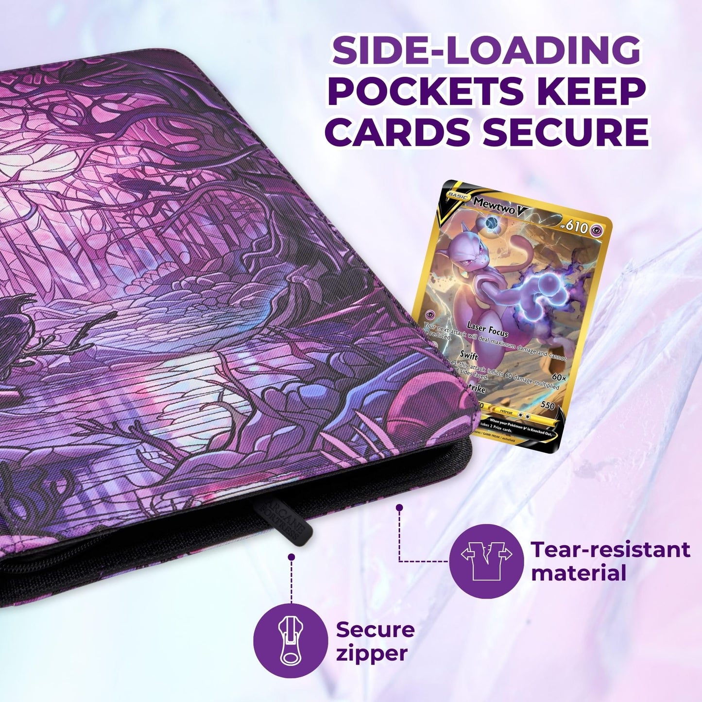 Arcane Fortress MTG Card Binder, 9-Pocket Magic Card Album, Holds 360 Cards, Leather Side -Loading Card Storage Binder, Premium Card Collector Book
