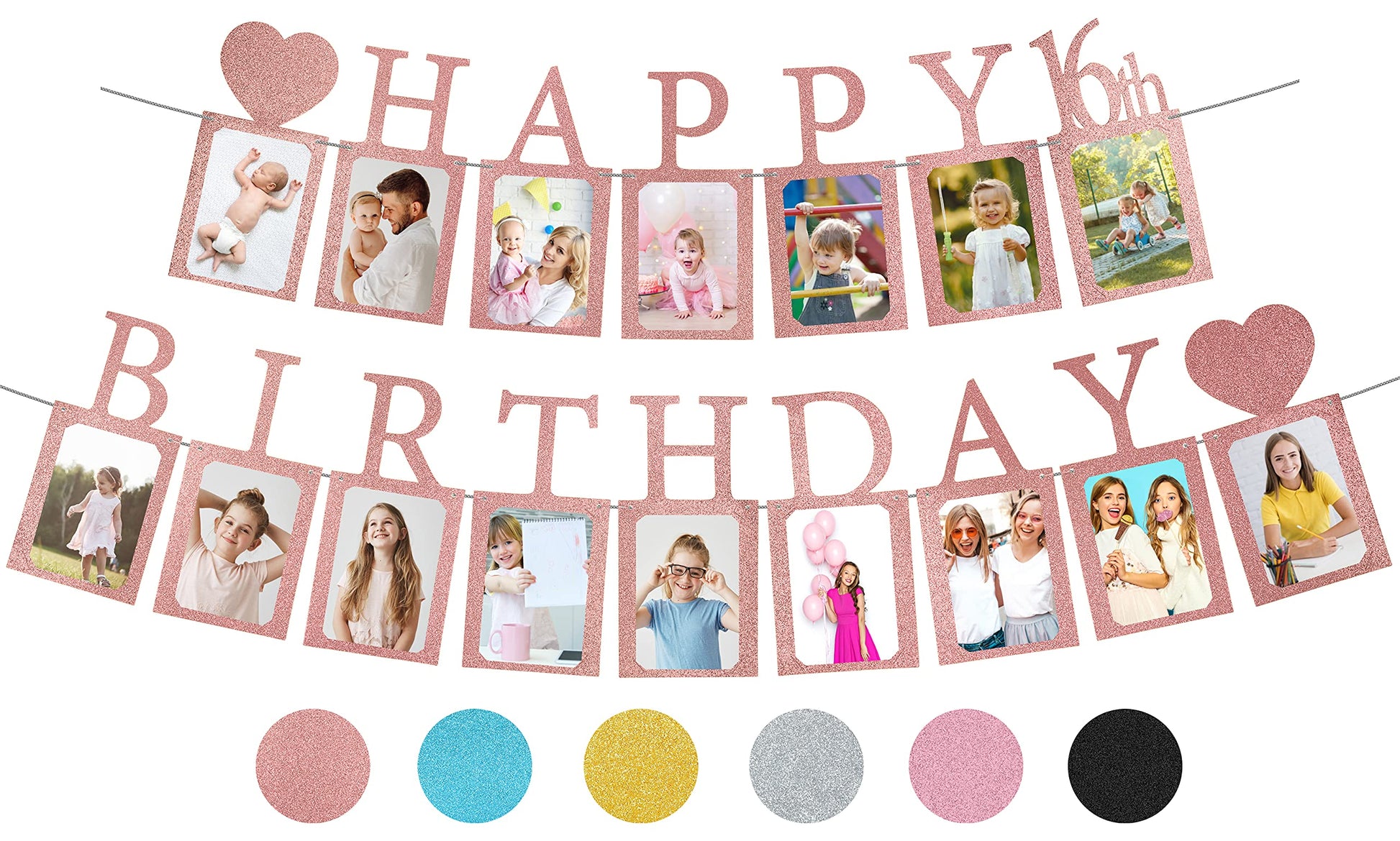 Sweet 16 Birthday Decorations Photo Banner in Rose Gold Pre-assembled - Sweet 16 Banner WITH Sixteen Photo Card Frames Party Supplies - Happy 16th