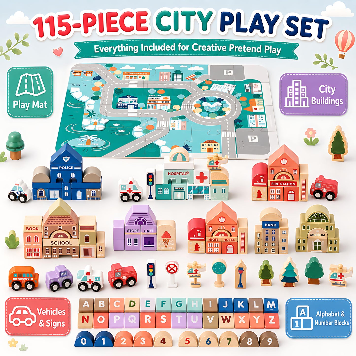Migargle Wooden Building Blocks Set, 115 Pcs City Construction Stacker Stacking Preschool Learning Educational Toys, Toddler Toys for 3+ Year Old Boy