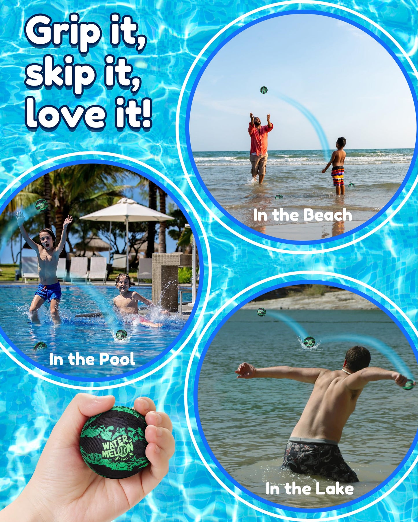 Watermelon Ball Skipping Ball - Water Toys for Pool, Beach & Lake, Perfect for Kids, Teens & Family Fun, Summer Must Have (2.2” Green Ball, 1-Pack)