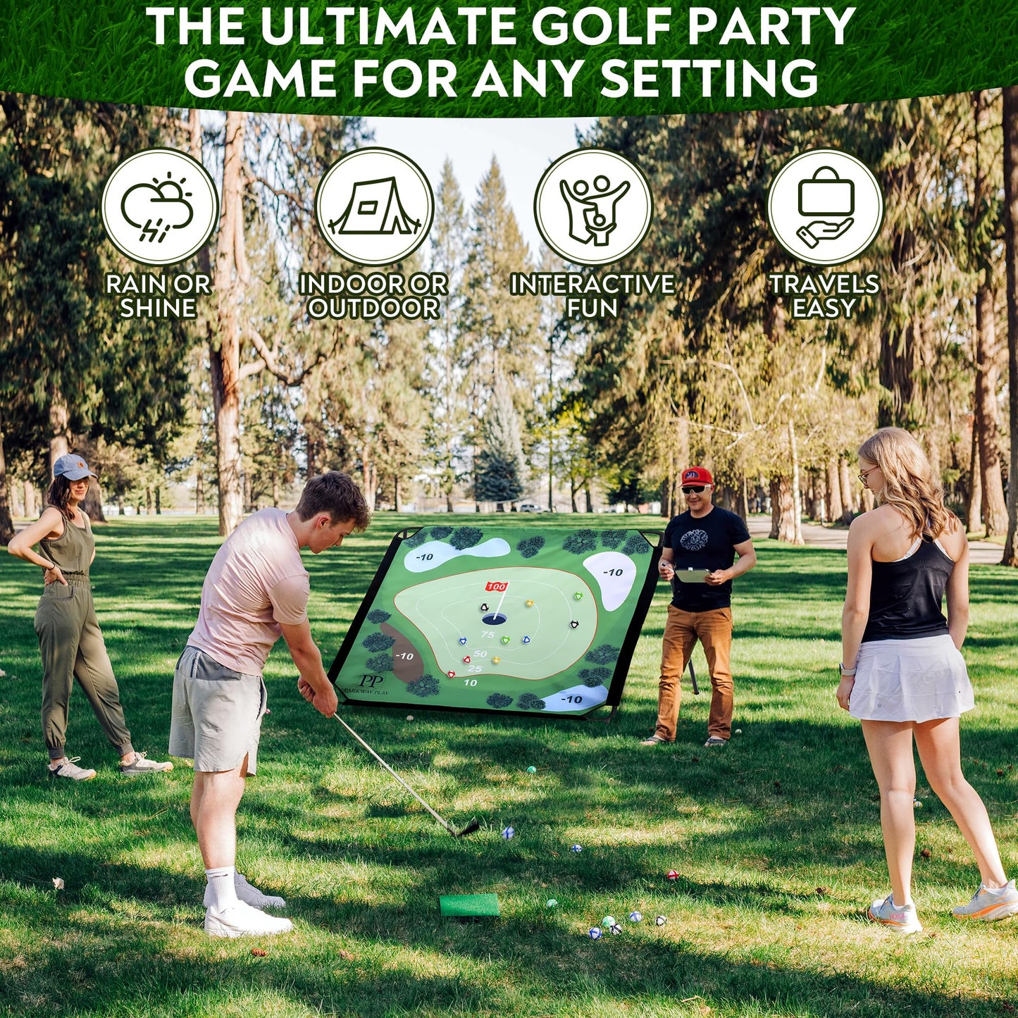 Parkway Play Sticky Golf Chipping Game Set 6x6 ft Metal Frame, Backyard Target Game, 2 Clubs, 25 Sticky Balls, Turf Mat, Indoor Outdoor Yard Sport