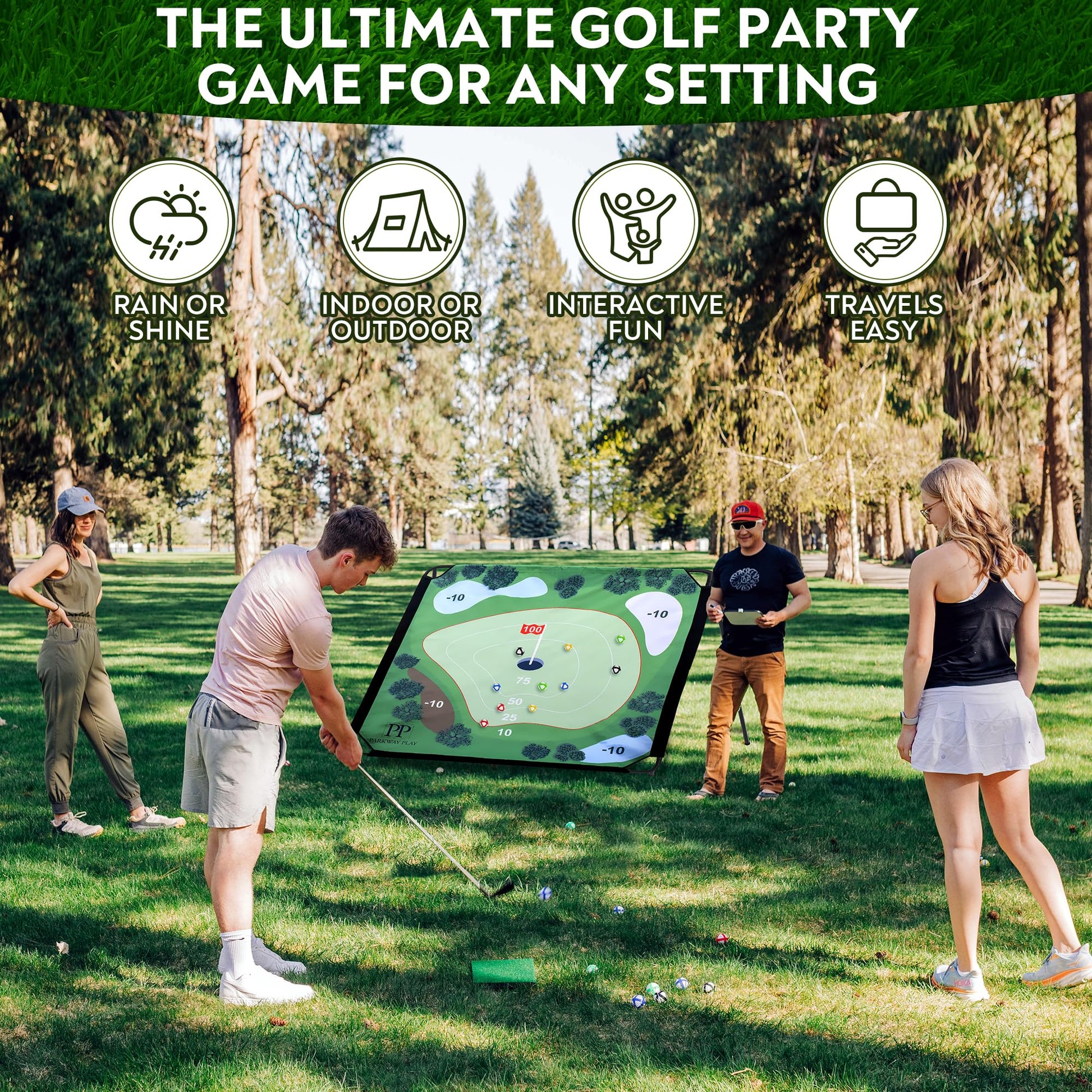 Parkway Play Sticky Golf Chipping Game Set 6x6 ft Metal Frame, Backyard Target Game, 2 Clubs, 25 Sticky Balls, Turf Mat, Indoor Outdoor Yard Sport
