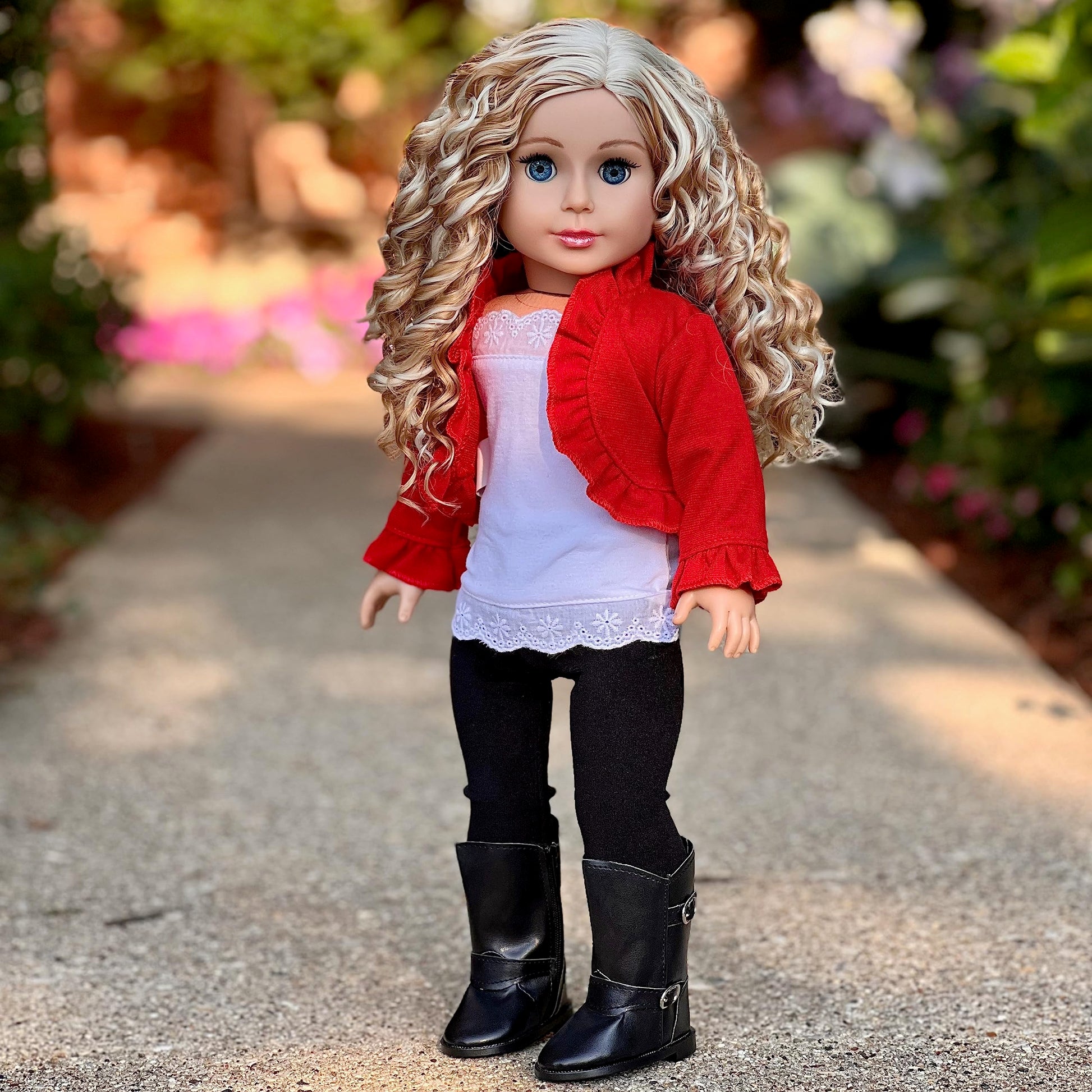 Uptown Girl - 4 Piece Outfit - Red Ruffled Jacket, White Tank Top, Black Leggings and Boots - Clothes Fits 18 Inch Doll (Doll Not Included)