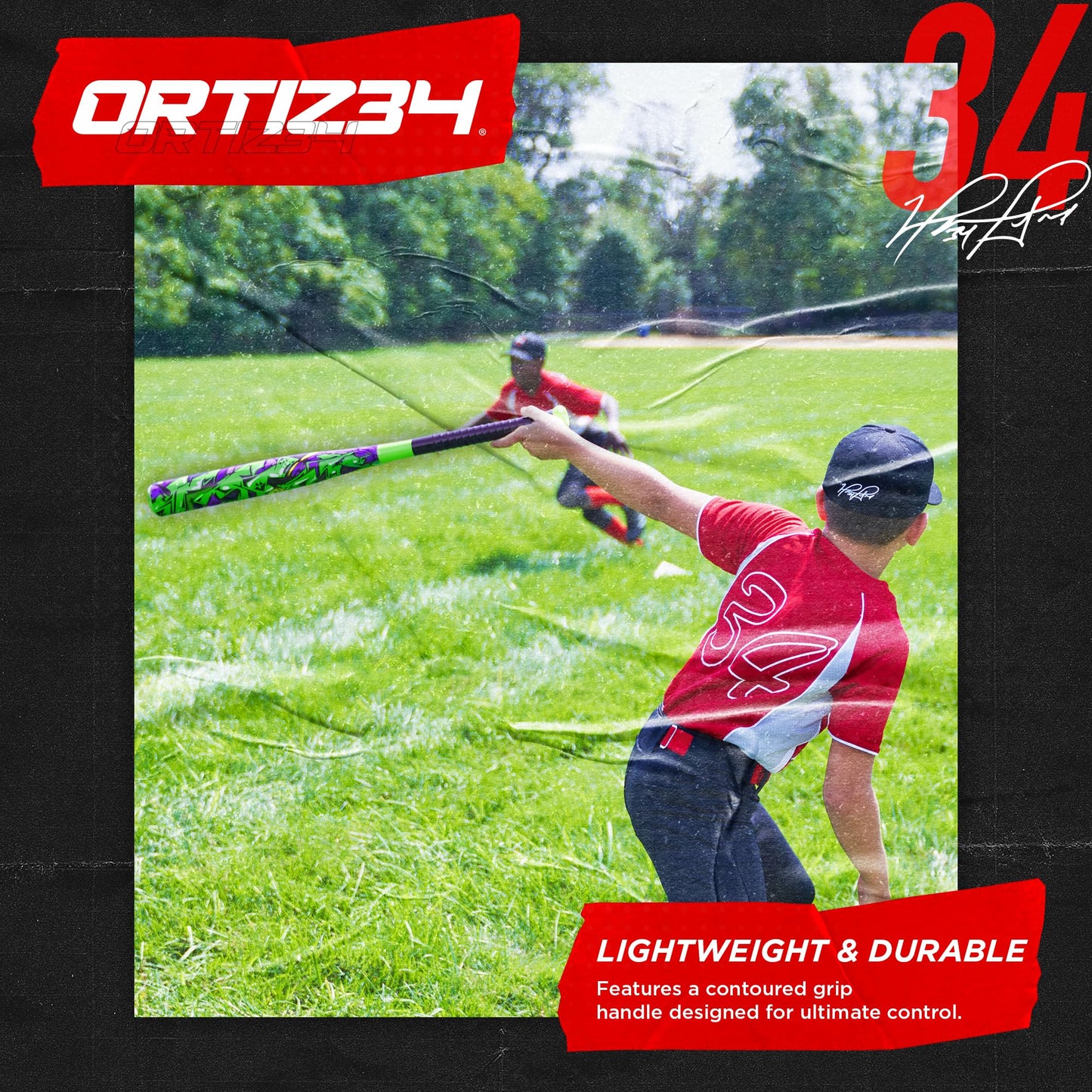 Ortiz34 Grand Slam Set- Graffiti Plastic Bat, 3 Balls, 4 Throw Down (Green/Purple)