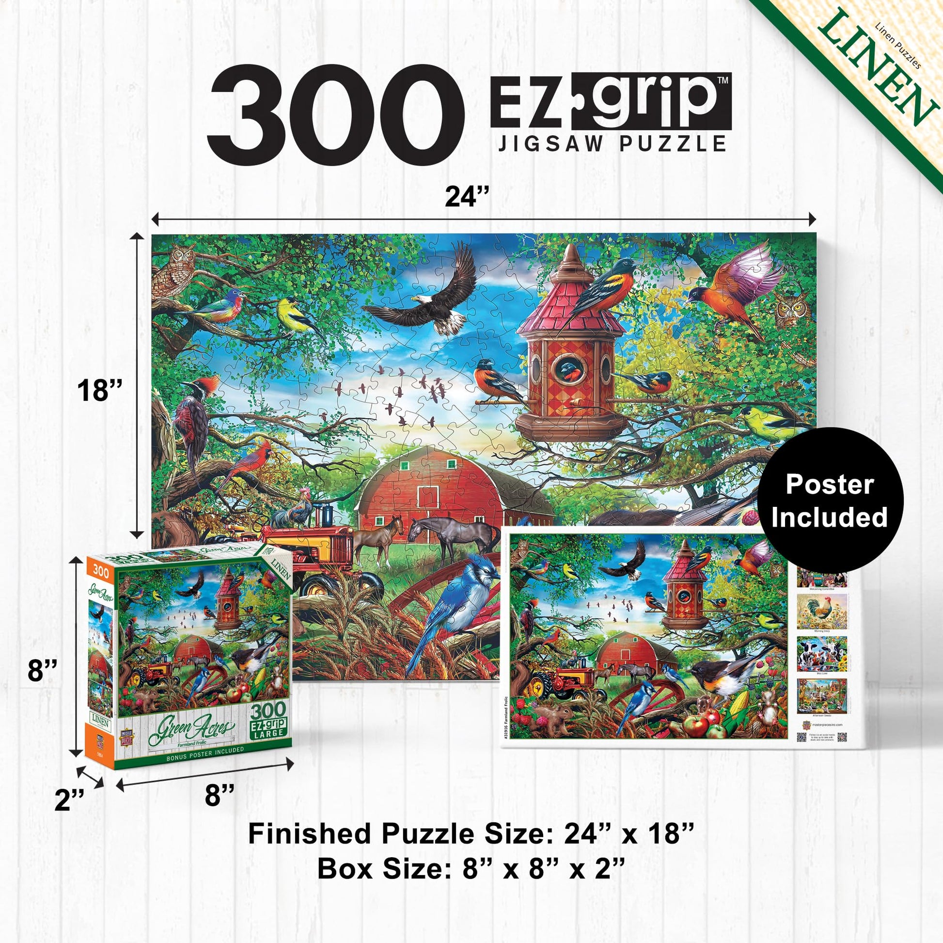MasterPieces - 300 Piece Jigsaw Puzzle, Large EZ Grip Shapes, Farmland Frolic, Fun for Adults, Seniors, Family, Kids, Matte Finish, 18" x24