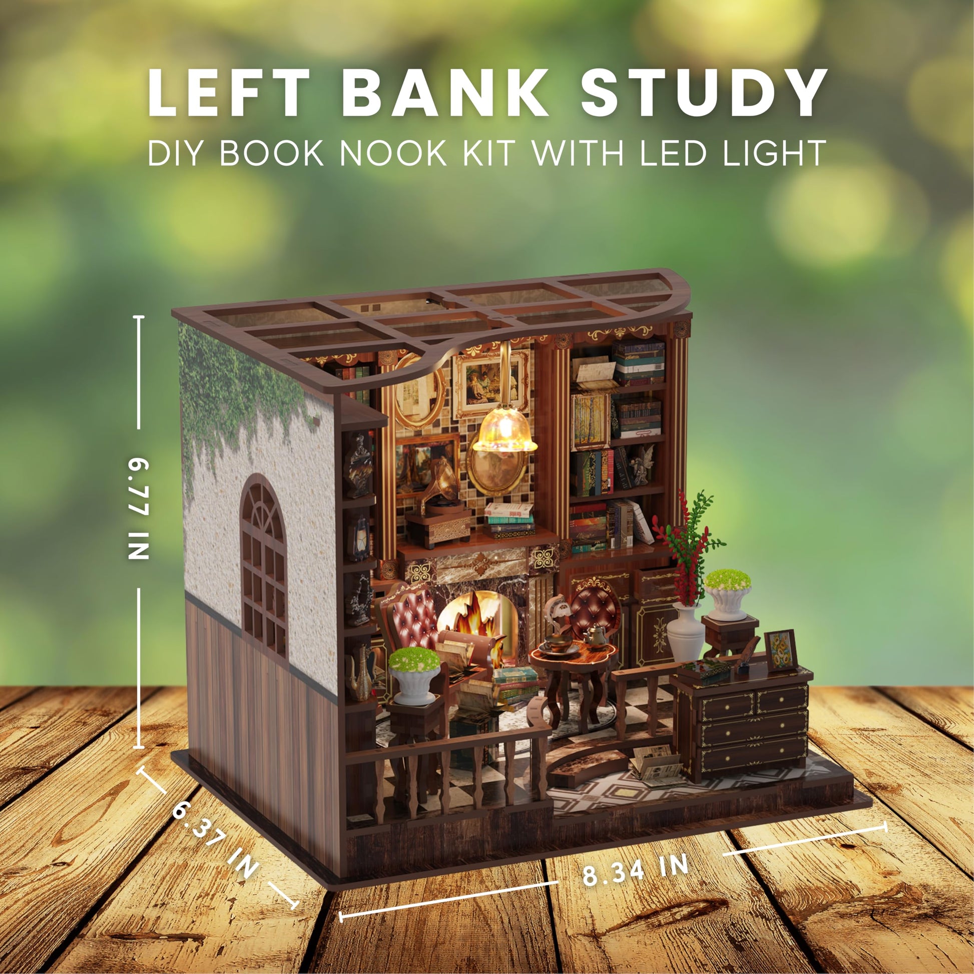 Left Bank Study DIY Book Nook Kit for Adults - 3D Wooden Puzzles for Adults Miniature Library with LED Light, 248 Pieces, Book Nook Shelf Insert