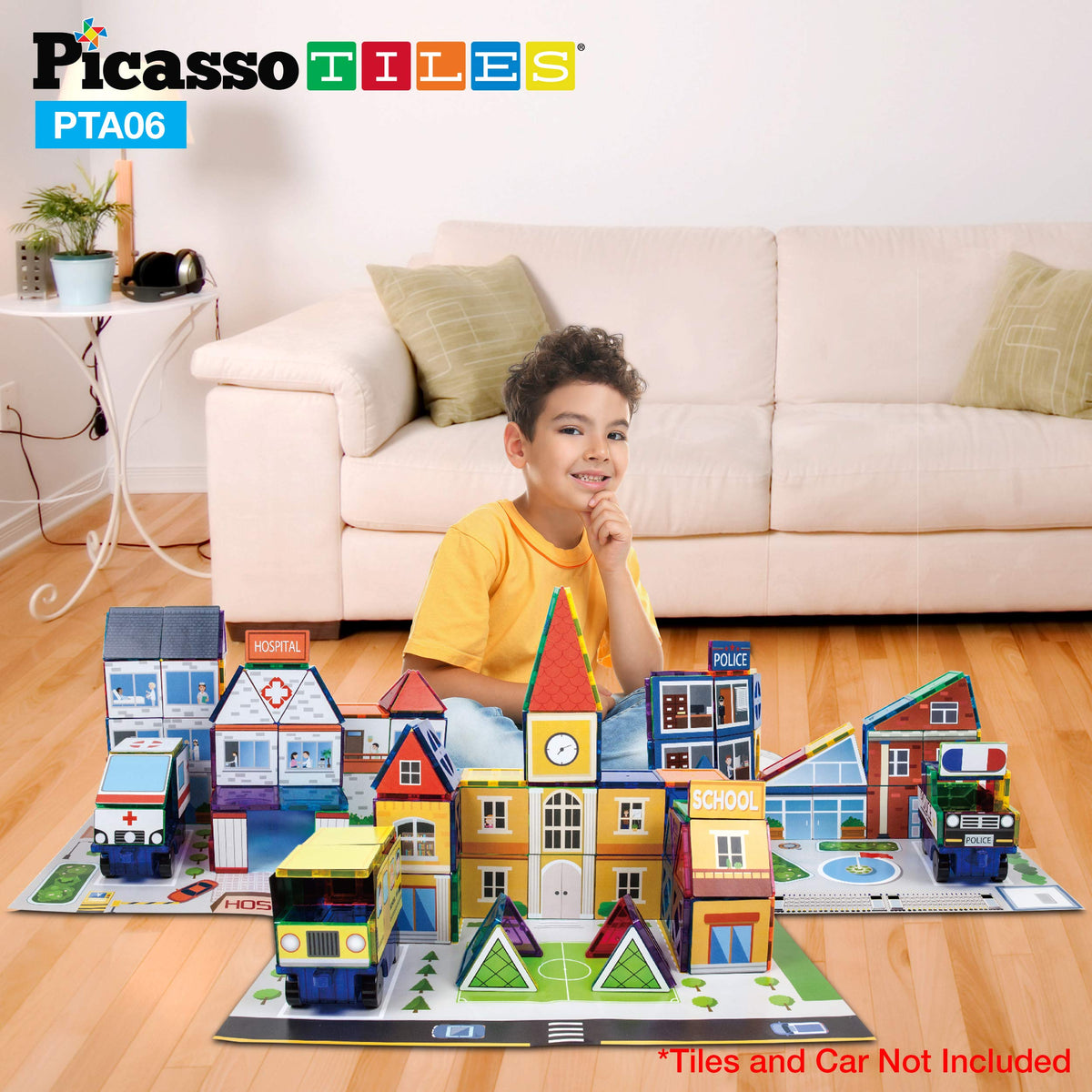 PicassoTiles 80pc School, Hospital, Police Station 3-in-1 Theme Magnet Self Adhesive Backing Stick-On Puzzle Graphic Kit and Overlay Maps for Magnetic