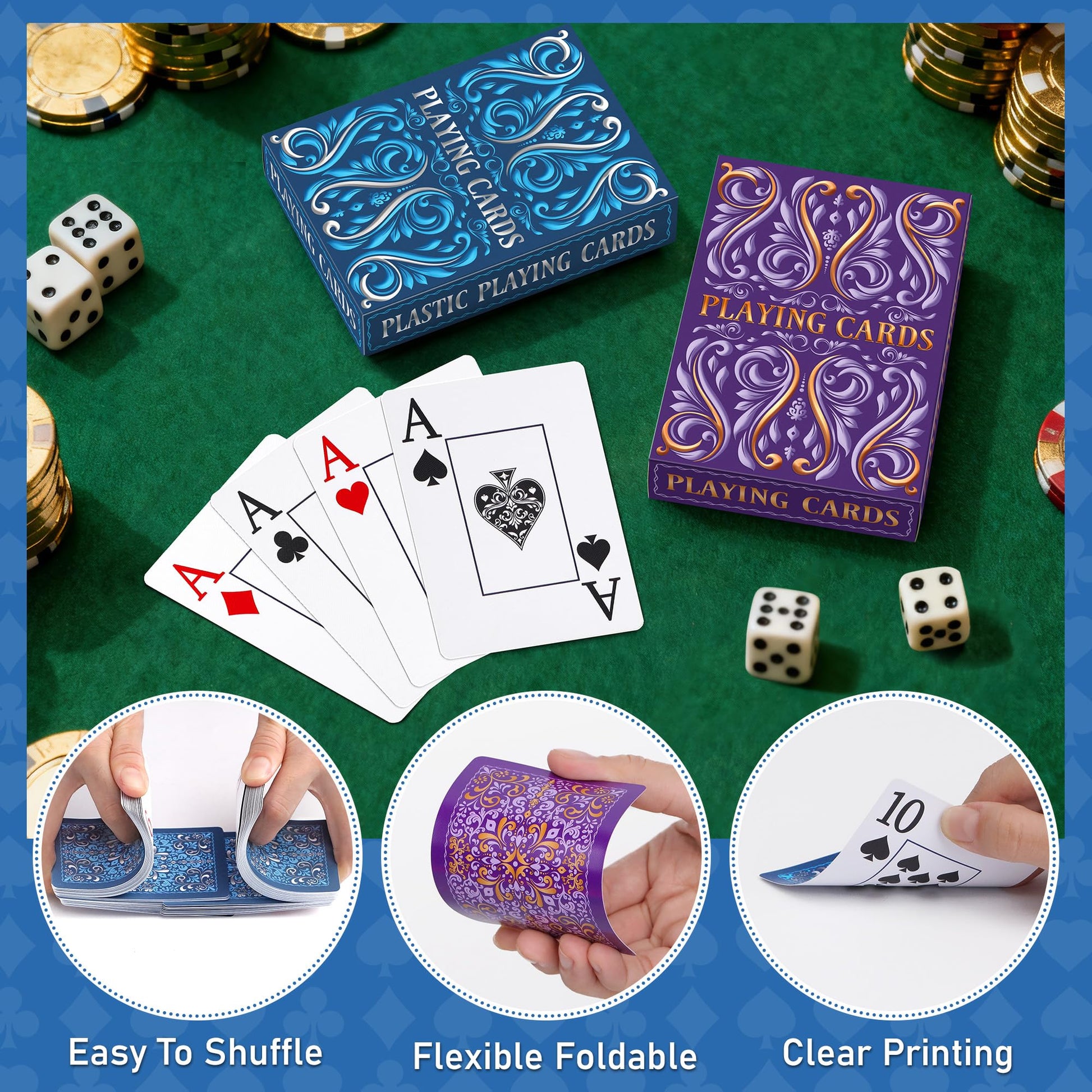 Playing Cards, Plastic Playing Cards Waterproof, Deck of Cards 2 Pack, Large Print Playing Card for Seniors Adults, Premium Poker Cards Set for Beach