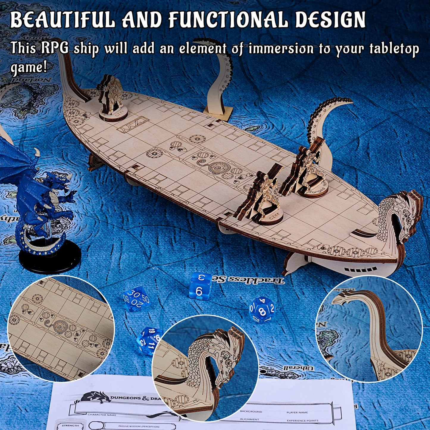 CZYY Miniatures Viking Longship Wood Laser Cut 1 Inch Square Grid Ship Battle Map for D&D, Dungeons and Dragons, Pathfinder or Other Tabletop RPG