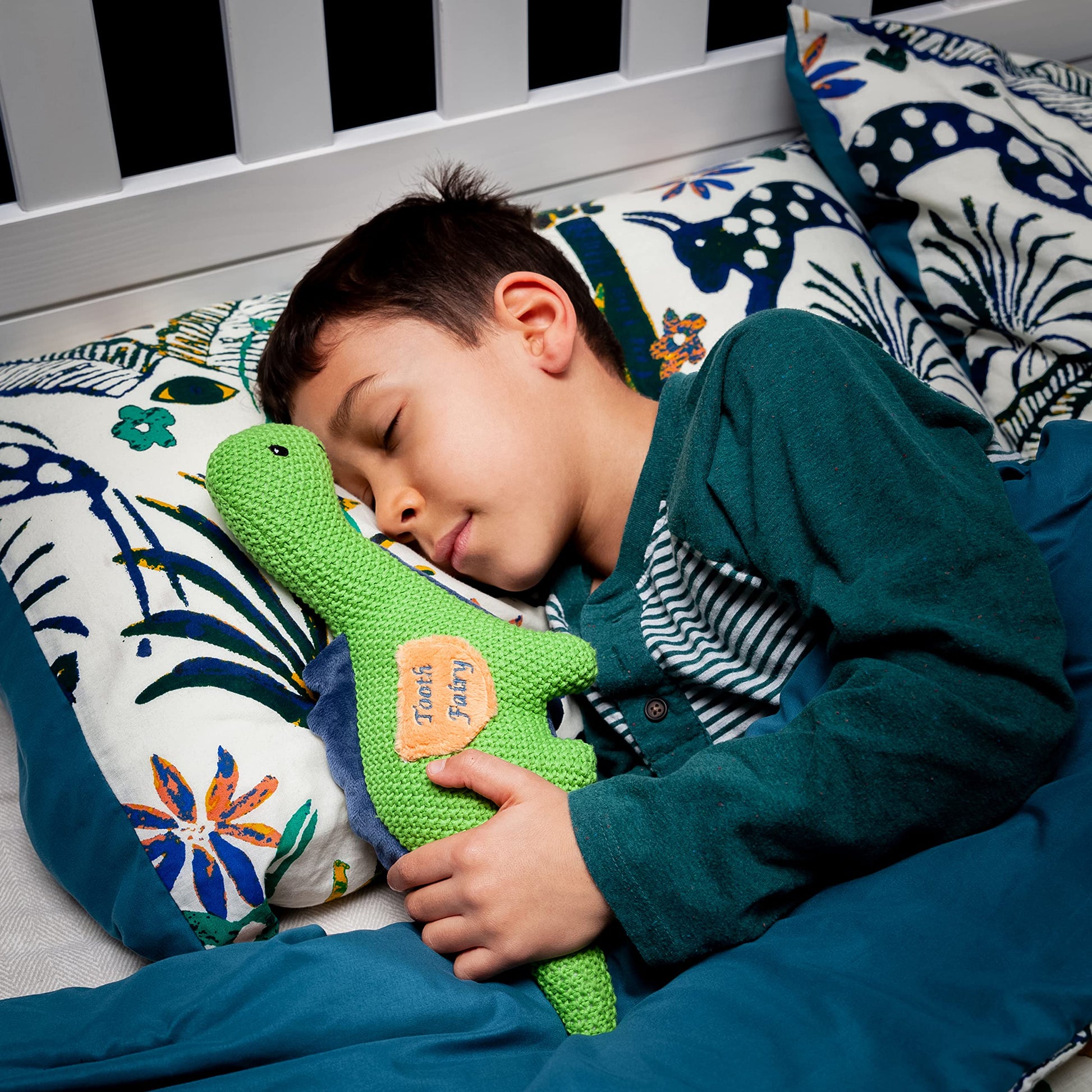 Maison Chic Danny the Dinosaur Tooth Fairy Pillow for Boys - Plush Green Dinosaur with Tooth Pocket for Boys and Girls