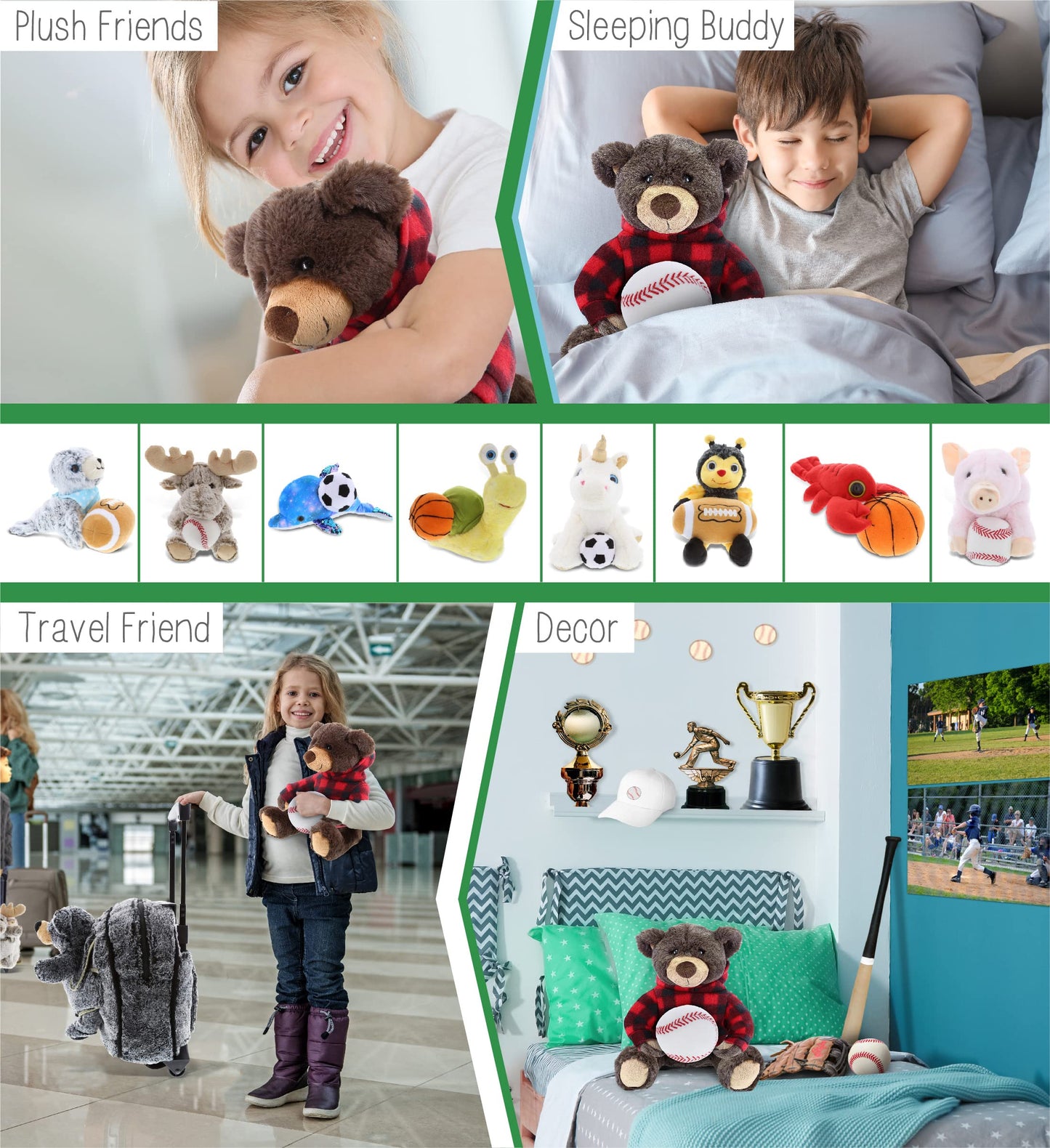 DolliBu Brown Bear Stuffed Animal with Baseball Plush - Soft Huggable Grizzly Bear, Adorable Playtime Teddy Bear Plush Toy, Cute Wild Life Sports Gift
