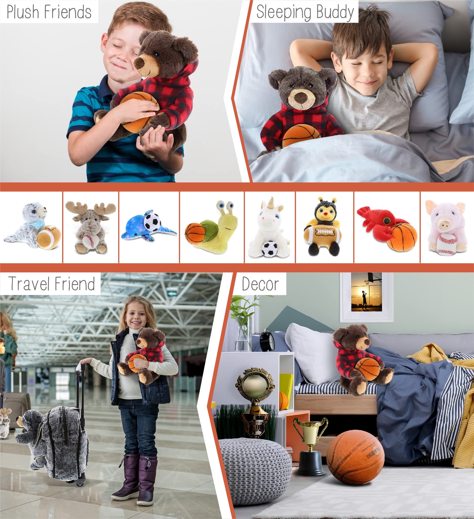 DolliBu Brown Bear Stuffed Animal with Basketball Plush - Super Soft Huggable Bear with Red Plaid Hoodie, Plush Toy Wildlife Gift for Kids and Adults