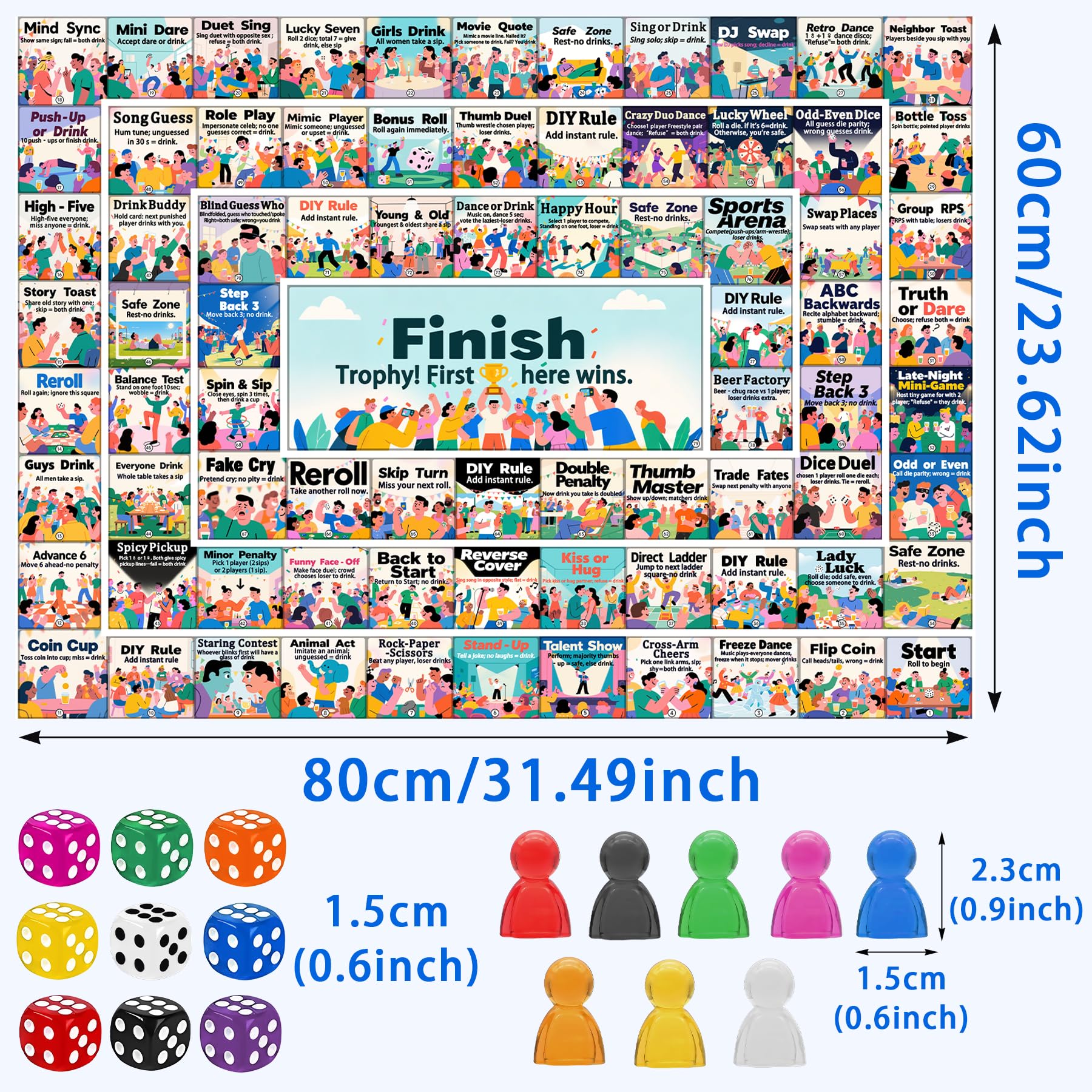 YAMMI Drinking Games for Adults, 79 Game Squares Wild Challenges with Reusable Waterproof Rubber Mat Board Game, 31.5×23.7IN for 2-8 Players at