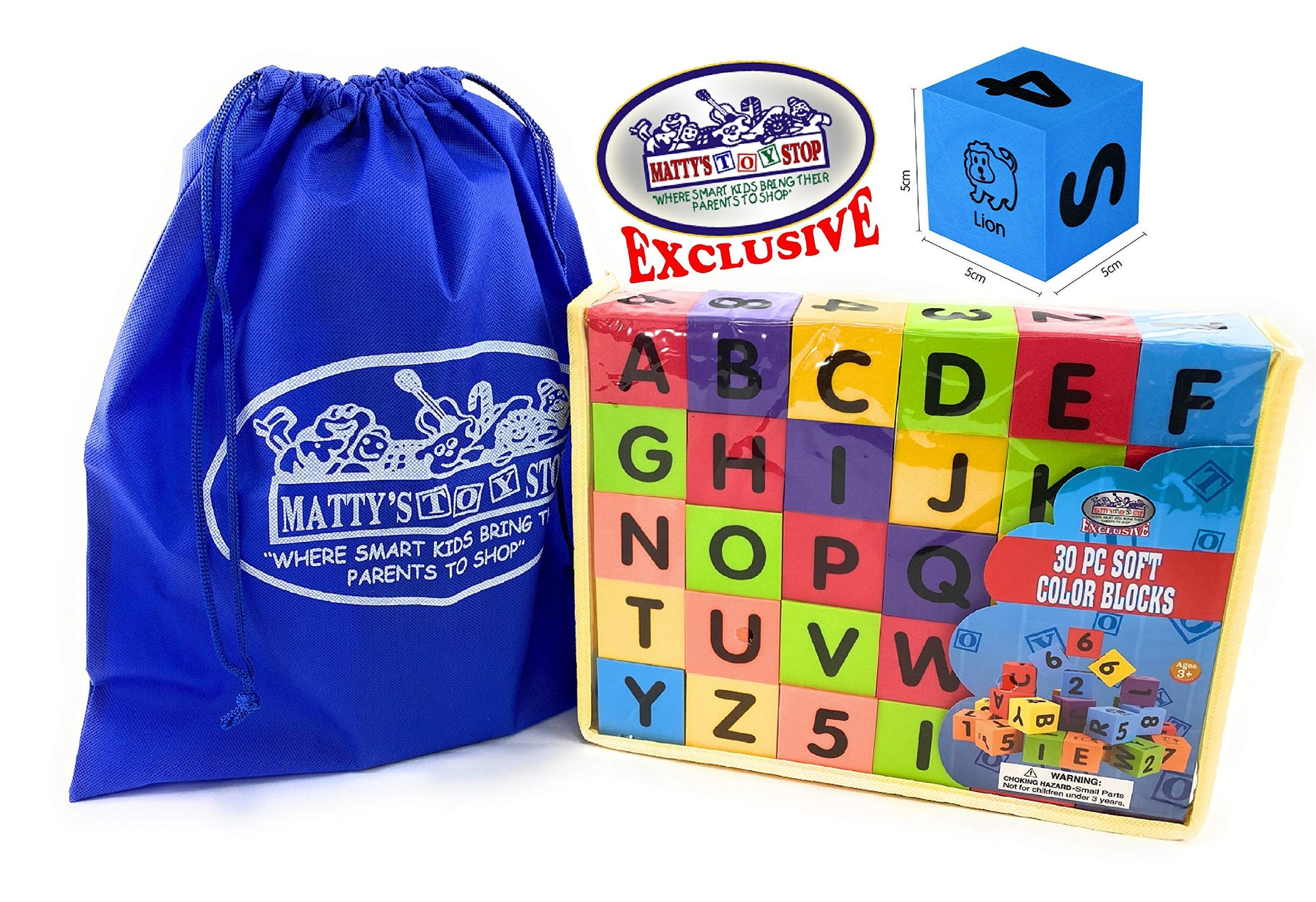 Matty's Toy Stop Deluxe 2" EVA Foam Colorful Building Blocks (30 PCS) Featuring Abc's, Numbers & Pictures with Bonus Storage Bag