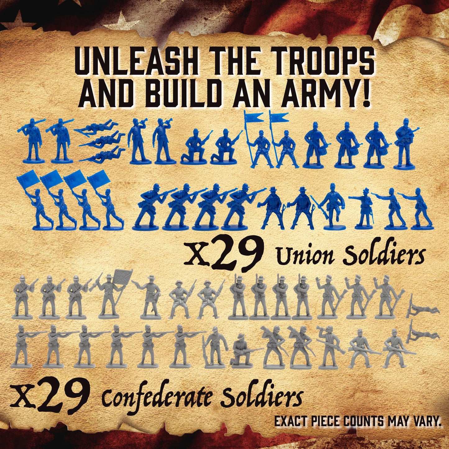 Civil War Army Men Toy Soldier Action Figure Deluxe Playset -120pc with Confederate & Union Soldiers, Cannons, Wagons, Rideable Horses, Terrain
