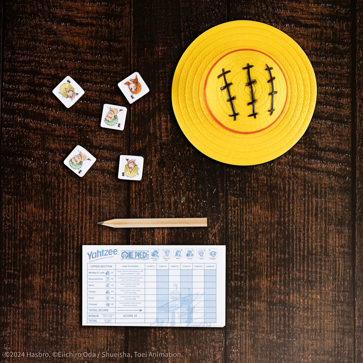 YAHTZEE: One Piece, Collectible Monkey D. Luffy Straw Hat Dice Cup, Classic Dice Rolling Game Based on The Anime Series, Great for Family Game Nights