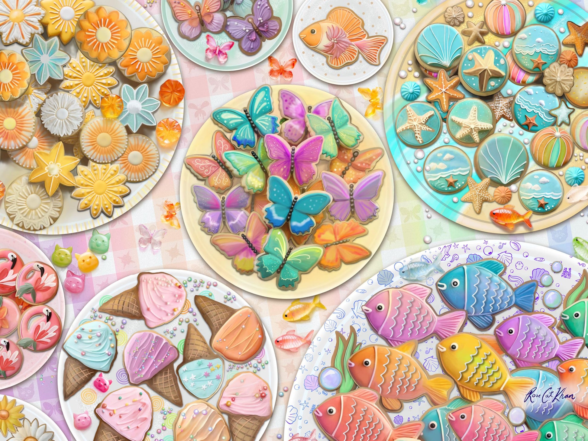 Ceaco - Cookie Creations Puzzle 300 Oversized Pieces - Rose Khan - Pastel Cookie Art Jigsaw Puzzle with Bonus Poster - Large Piece Puzzle for Adults