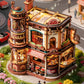 ROBOTIME Moving Coffee Factory 3D Wooden Puzzle for Adults - Mechanical Building Kit with Music Box & Warm LED Lights, 593PCS No-Glue Book Nook Kit