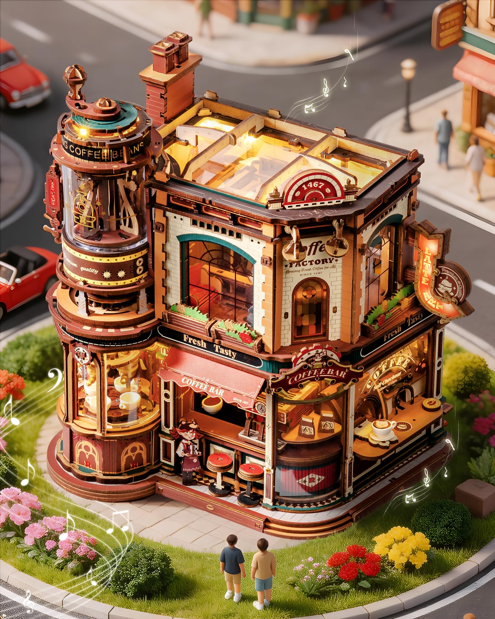 ROBOTIME Moving Coffee Factory 3D Wooden Puzzle for Adults - Mechanical Building Kit with Music Box & Warm LED Lights, 593PCS No-Glue Book Nook Kit