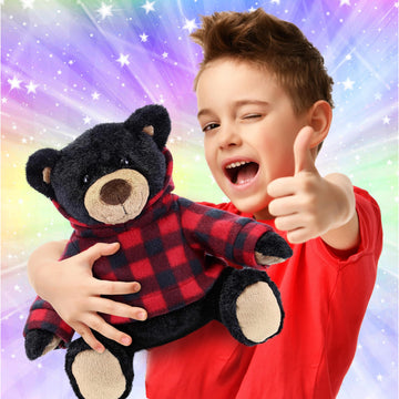 DolliBu Plush Black Bear with Red Plaid Hoodie - Soft Huggable Wild Life Bear, Adorable Playtime Zoo Black Bear Plush, Cute Cuddle Gift for Kids
