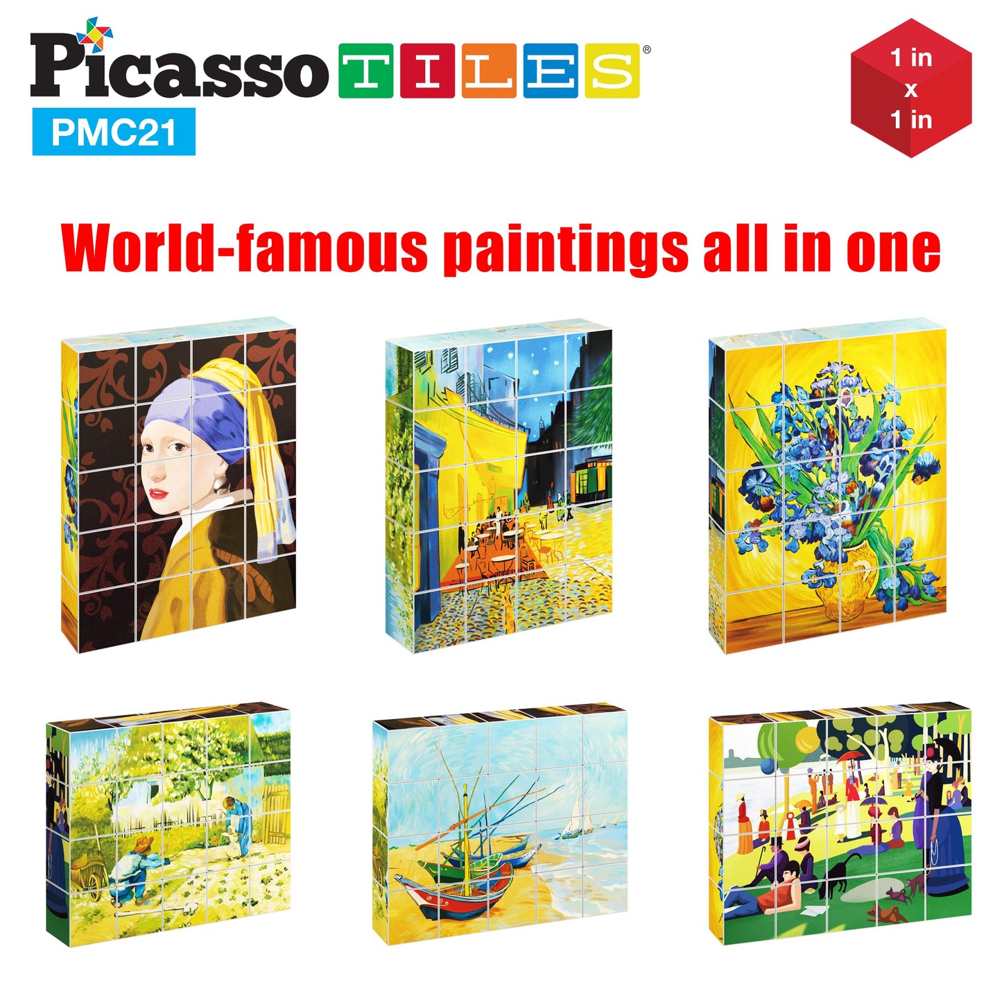 PicassoTiles 1” Magnetic Puzzle Building Cubes Blocks of Popular World Famous Art Paintings with Free Frame, Educational STEAM Toys for 3+ Year Old
