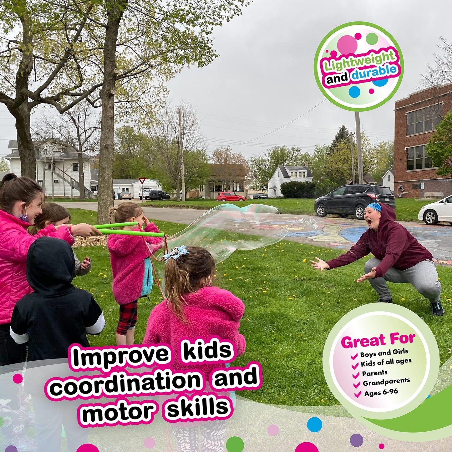 WOWmazing Giant Bubble Wands Kit: (4-Piece Set) | Incl. Wand, Big Bubble Concentrate and Tips & Trick Booklet | Outdoor Toy for Kids, Boys, Girls |
