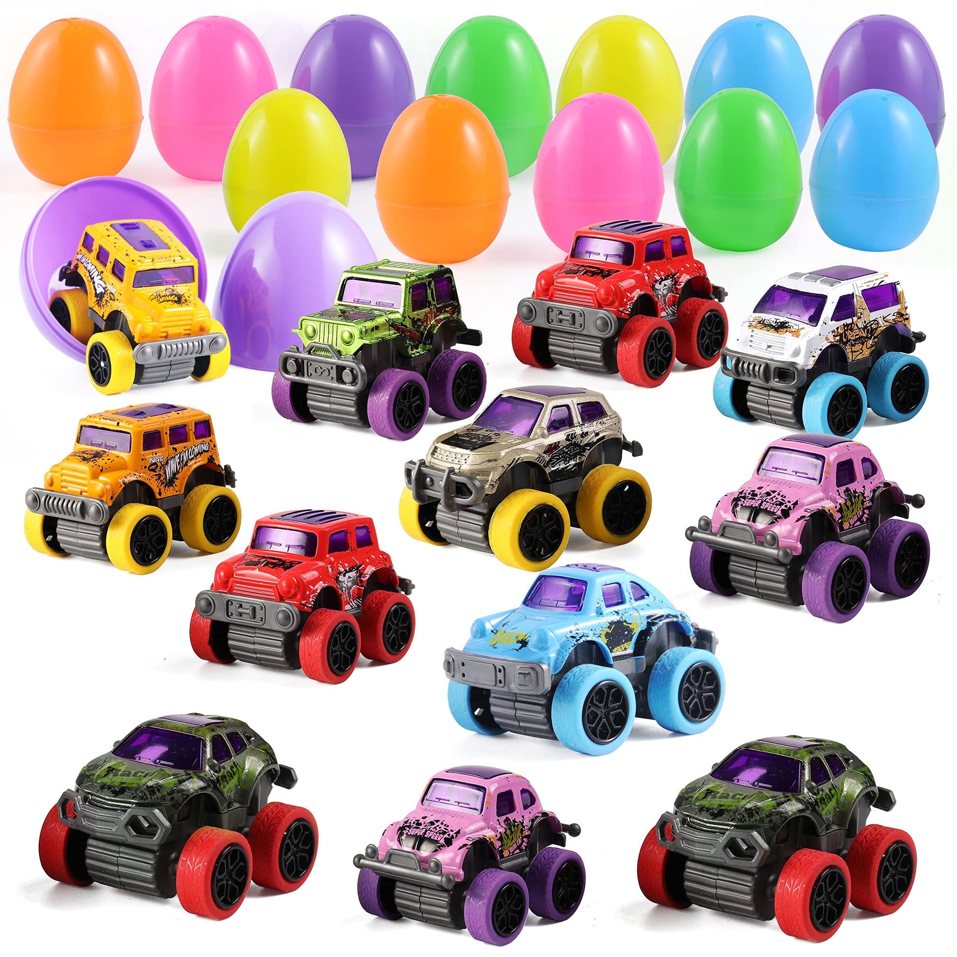 JOYIN 12 Pcs Easter Eggs Filled with Pull Back Monster Cars, Easter Trucks Cars for Kids Egg Hunt, Basket Stuffers Filler and Classroom Prize