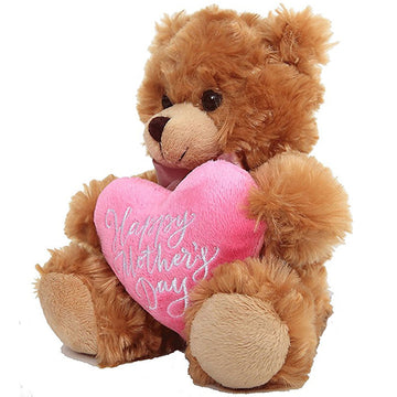 Plushland Mocha Bear, Holding a Heart in Pink Printed Happy Mother’s Day Message (Mocha)