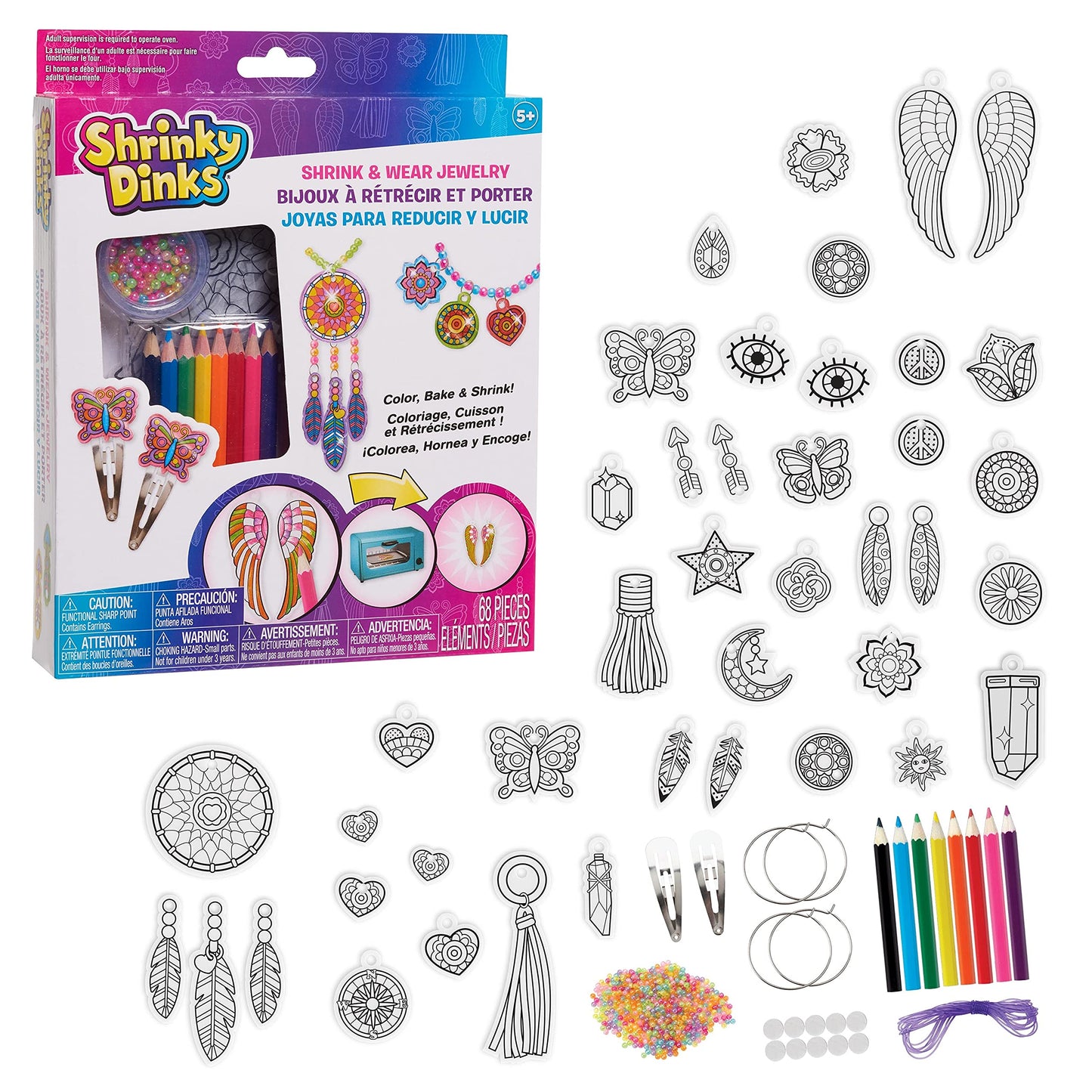 Just Play Shrinky Dinks 68-piece Jewelry Kit, Includes Beads, Barrettes, Elastic String and Earring Hoops, Kids Toys for Ages 5 Up