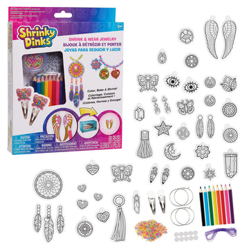 Just Play Shrinky Dinks 68-piece Jewelry Kit, Includes Beads, Barrettes, Elastic String and Earring Hoops, Kids Toys for Ages 5 Up