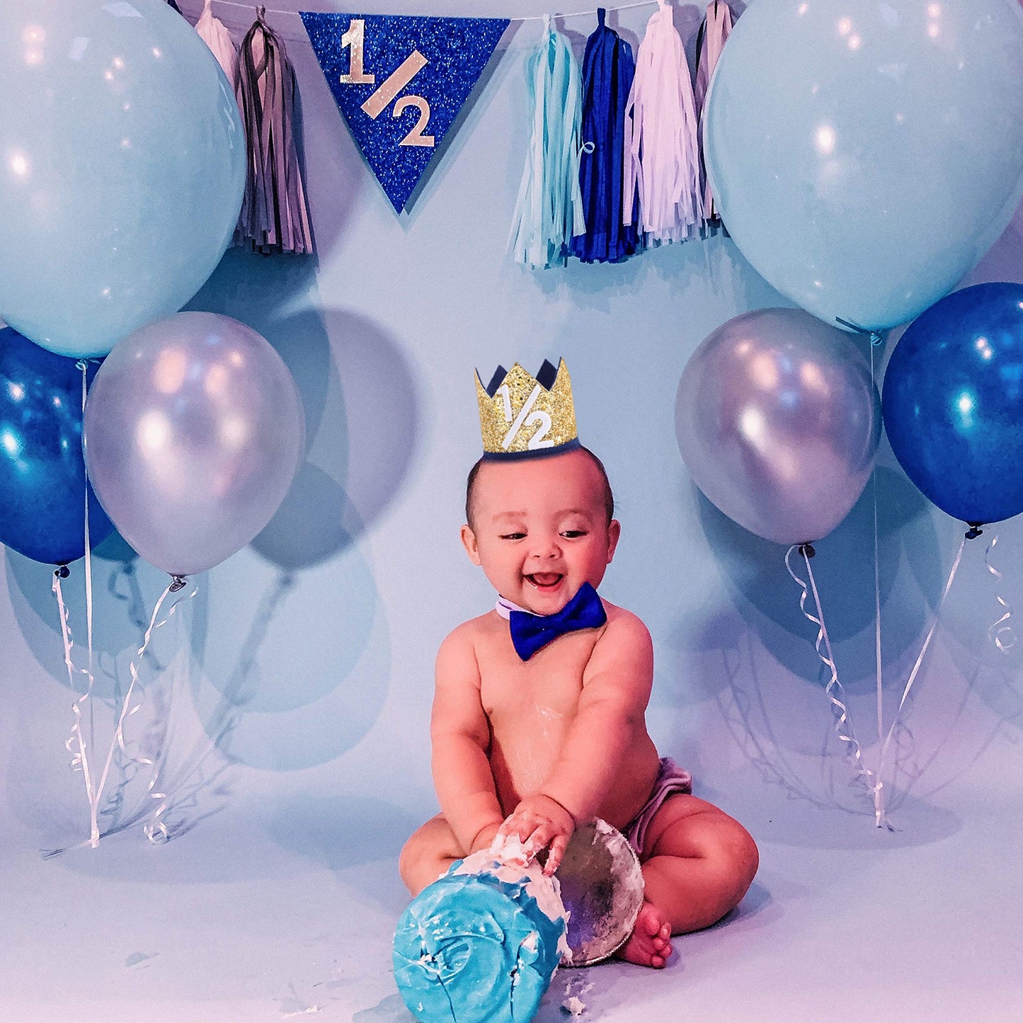 WAHAWU Navy Blue Half Birthday Party Crown - 1/2 Golden Birthday Party Hat, Happy Birthday Crown for Kids, Party Photo Prop, Party Decorations