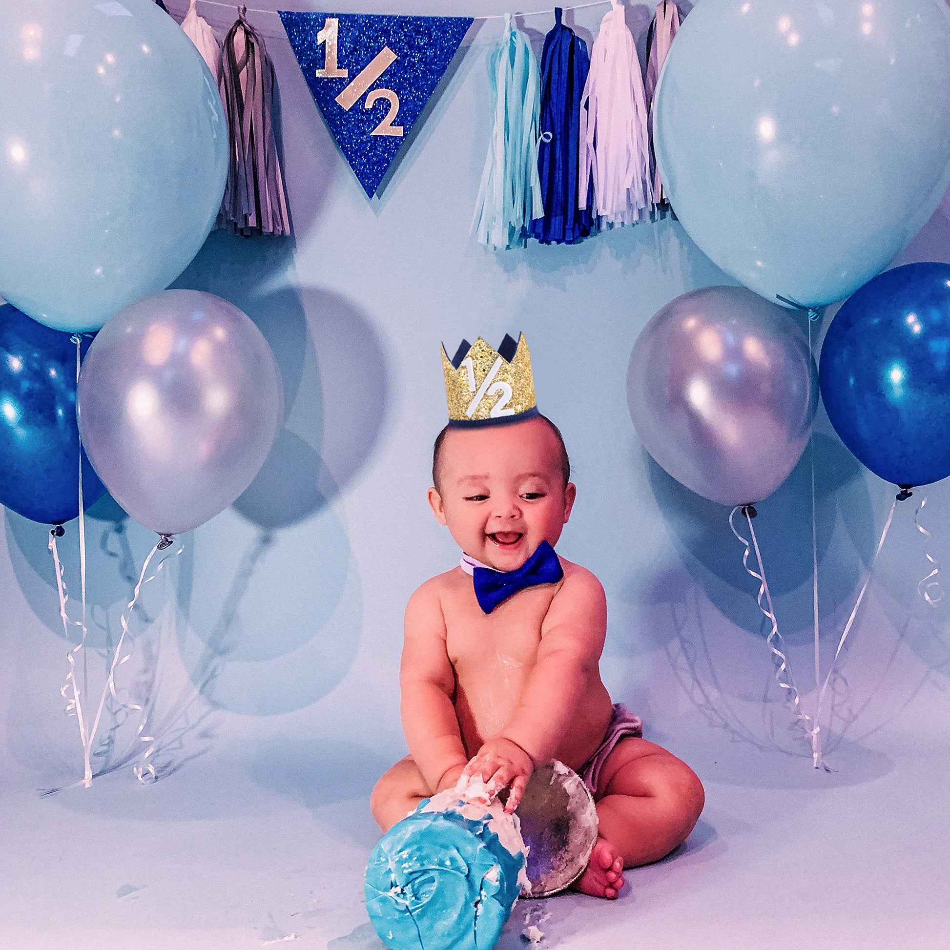 WAHAWU Navy Blue Half Birthday Party Crown - 1/2 Golden Birthday Party Hat, Happy Birthday Crown for Kids, Party Photo Prop, Party Decorations