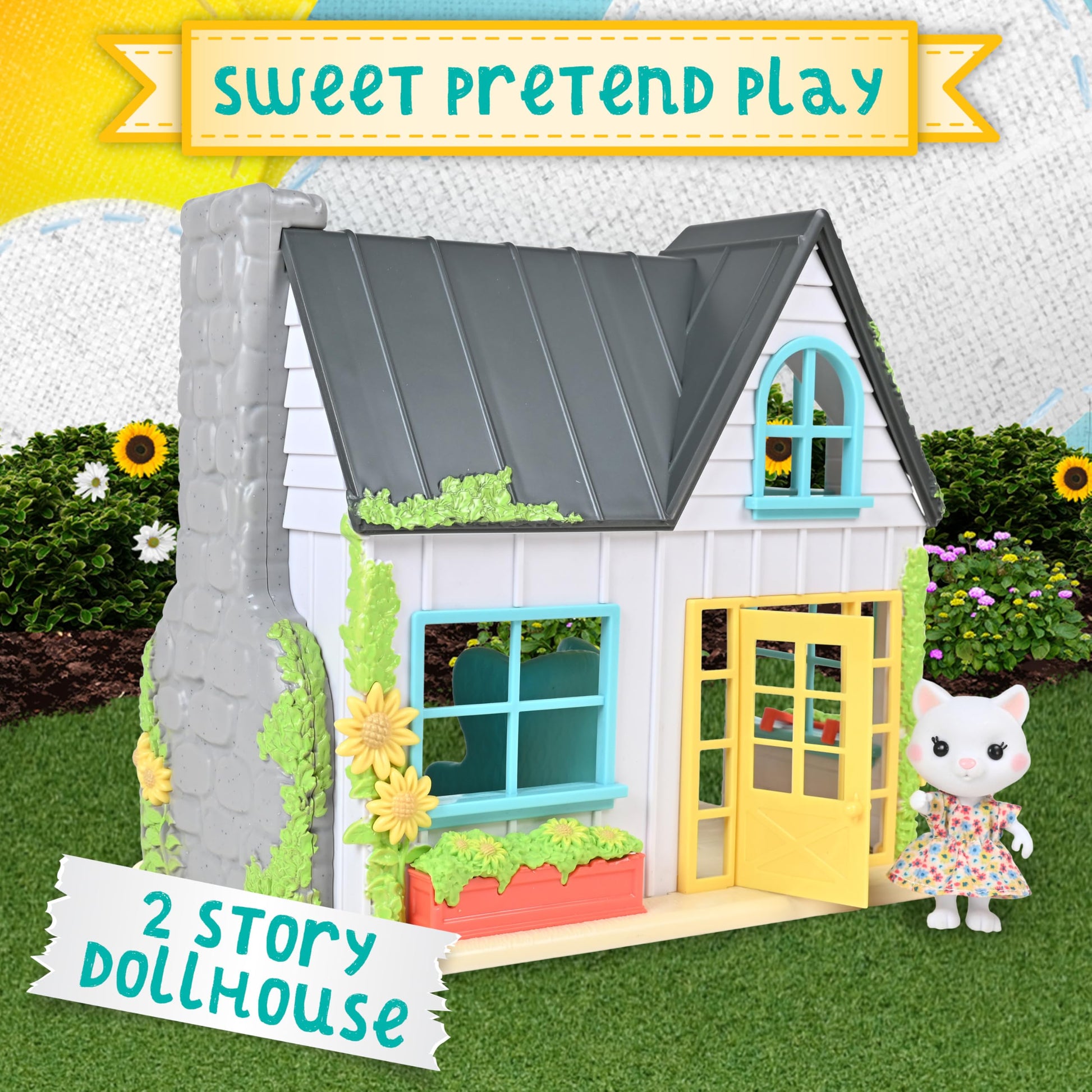 Honey Bee Acres 11" Tall Sunflower Cottage Doll Playset, 17 Pieces,White